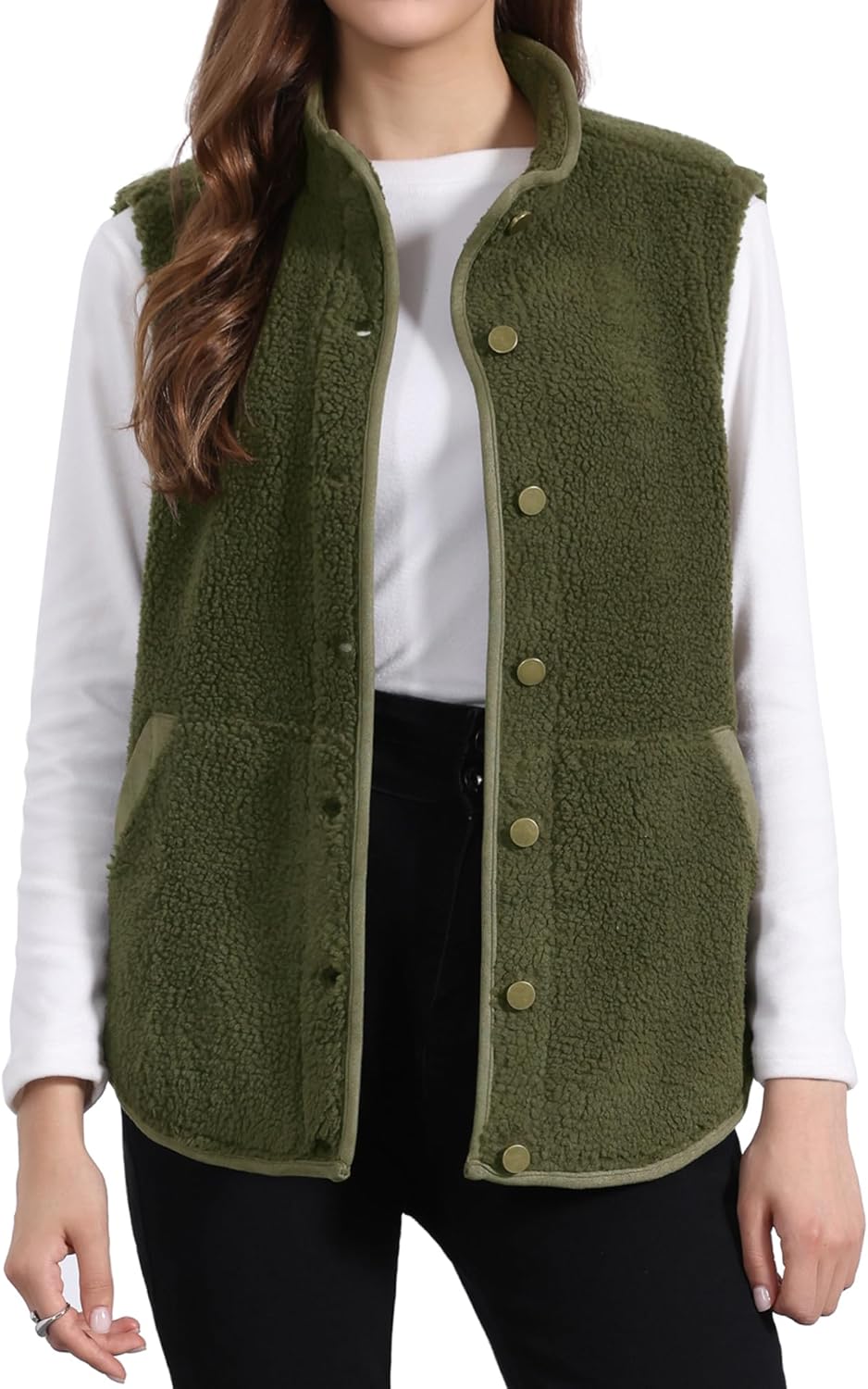Allegra K Women's Fleece Vest Button Down Sleeveless Jacket with Pockets Oversized Fuzzy Vests