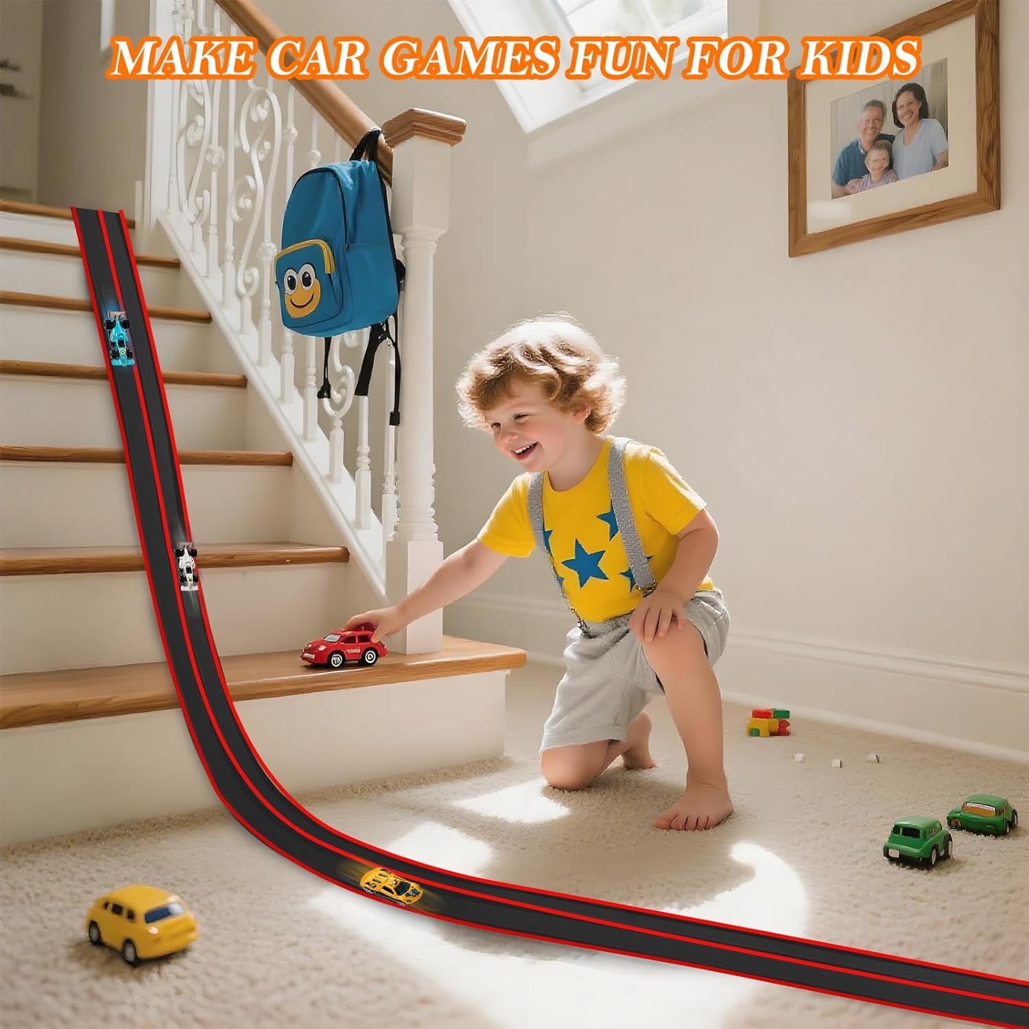15 Ft Flexible Race Track for Kids 3+, Rolls Up Portable Flex Track, Comes with 4 Small Racing Cars 4 Suction Cups and 1Storage Bag, Compatible with 1/64 Diecast Cars,Indoor & Outdoor Play