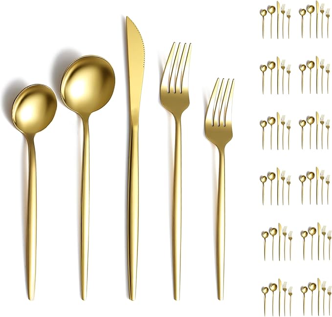 Evanda Gold Bestek Set 60-Delig Voor 12 Personen - Titanium Verguld Roestvrij Staal - Messen, Vorken, Lepels Voor Bruiloft, Partijen, Verjaardag, Restaurant - Vaatwasmachinebestendig