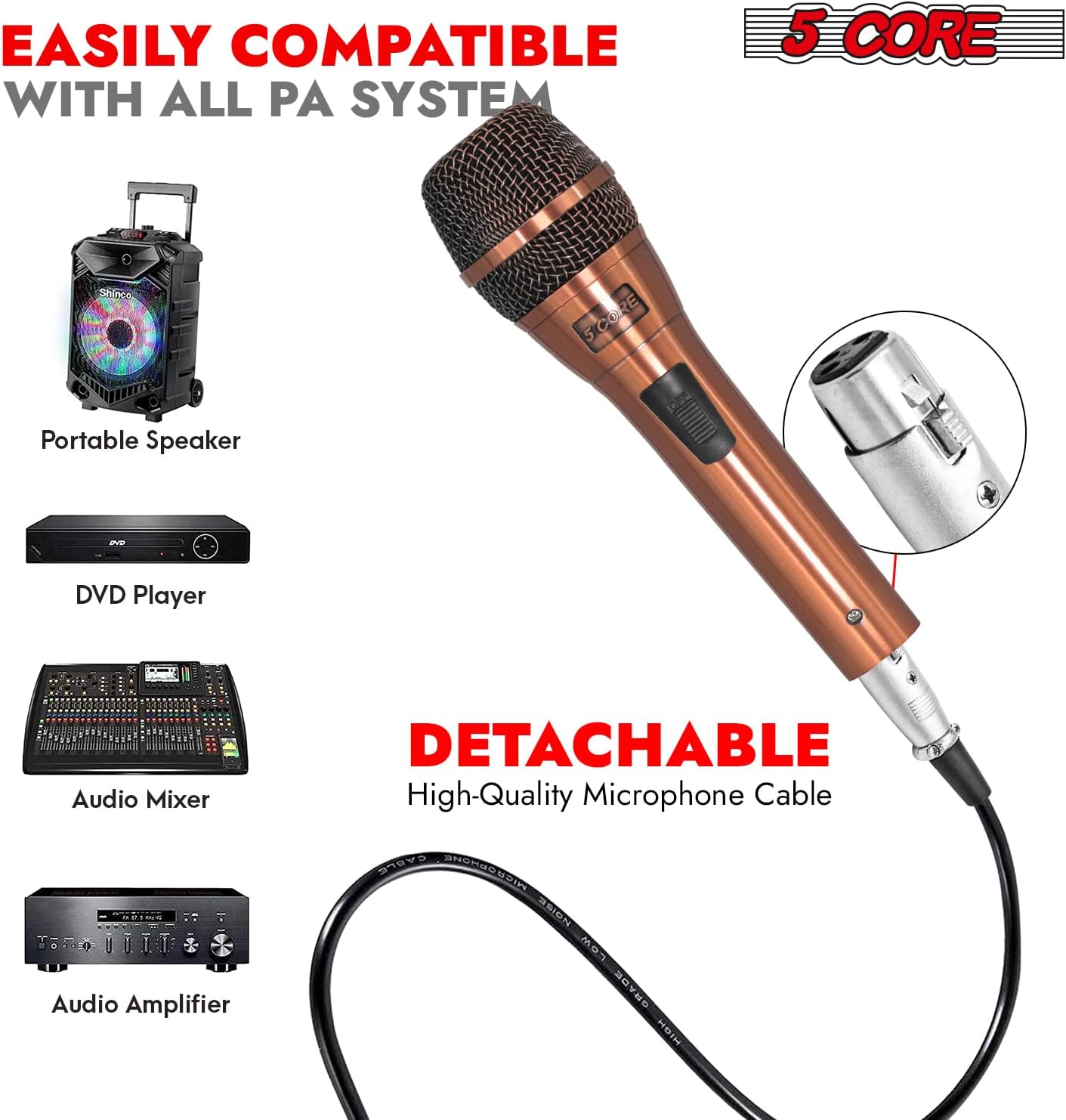 5 CORE Microphone Pair Dynamic Cardioid XLR Unidirectional Wired Mic w Built-in Pop Filter w High Gain Wide Frequency for Stage & Studio Includes Cable + Clip + Bag