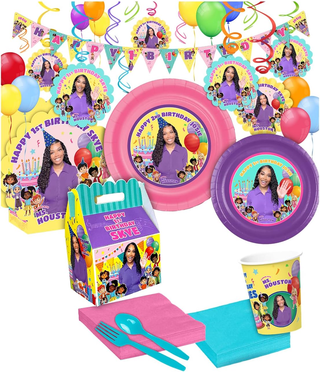 Ms Houston Personalized Platinum Party Pack, Personalized Party Supplies, Birthday Party Decorations, Party Plates and Cups, and Napkins Sets, Girls Birthday Decorations, Pack for 12
