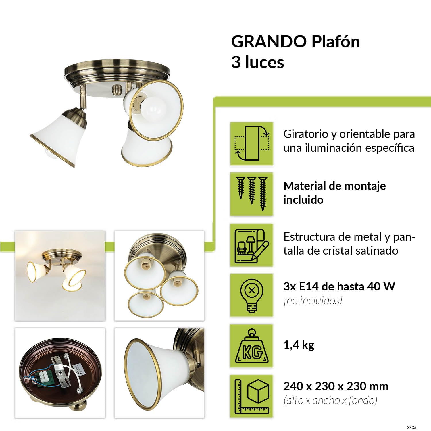 Licht-Erlebnisse Elegante lámpara de techo en bronce 4xE14 giratoria Art Nouveau lámpara de techo salón dormitorio cuarto de baño