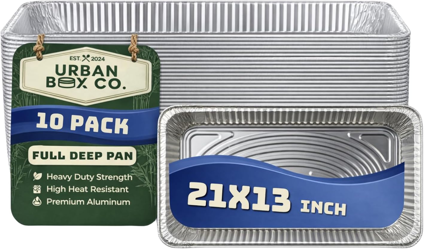 Urban Box Co. Full Size Deep Aluminum Pans - 21x13 inch Steam Table Chafing Pan: Extra Heavy Duty, Disposable Foil Tray for Restaurant. Ideal for Roasting, Cooking, Storing Food (10, No Lid)