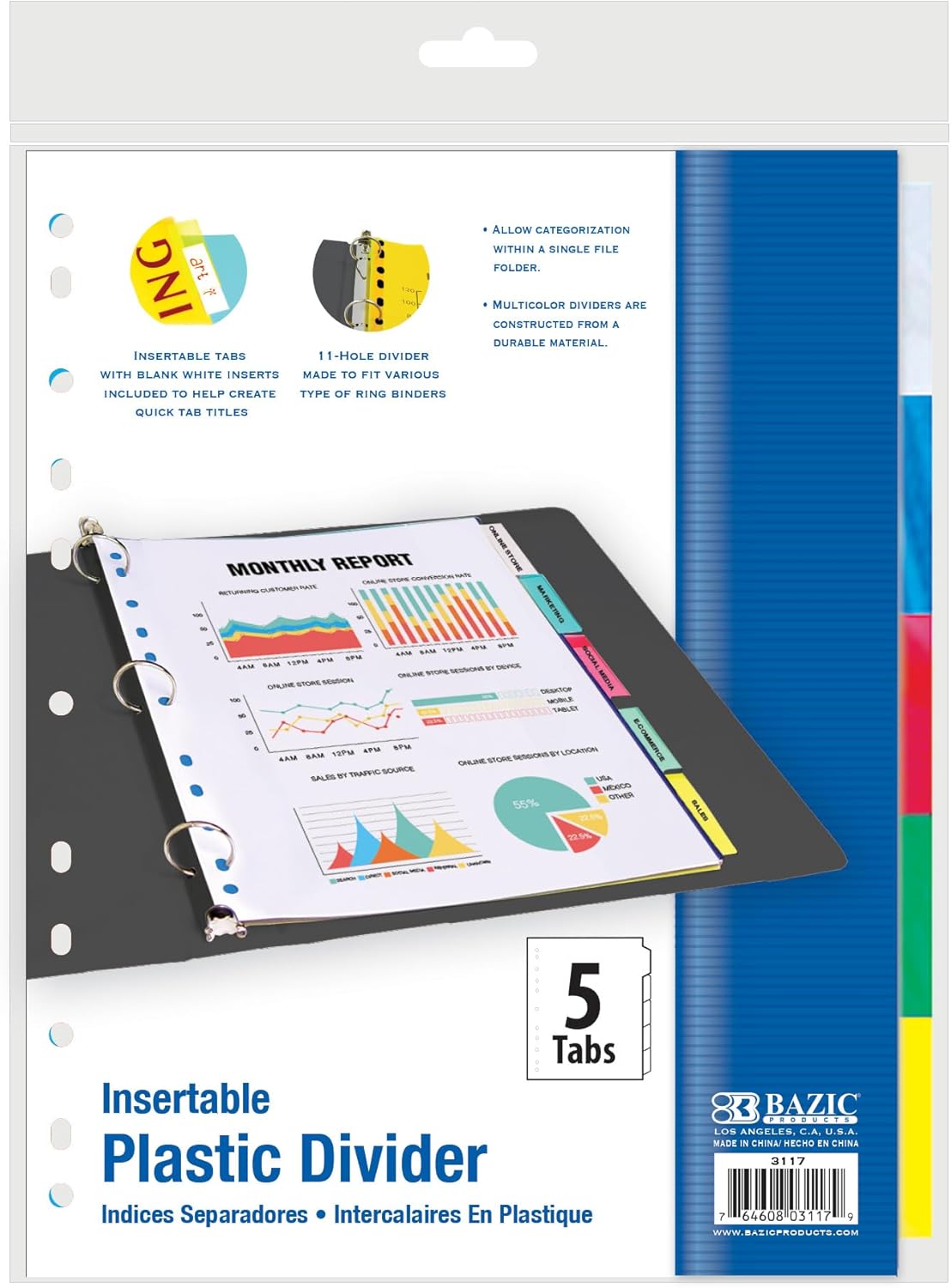 BAZIC Products Binder Dividers w/ 5 Insertable Color Tabs, 11 Hole Punch Plastic Index Divider with Tab for 3 Ring Binders (5/Pack), 24-Packs