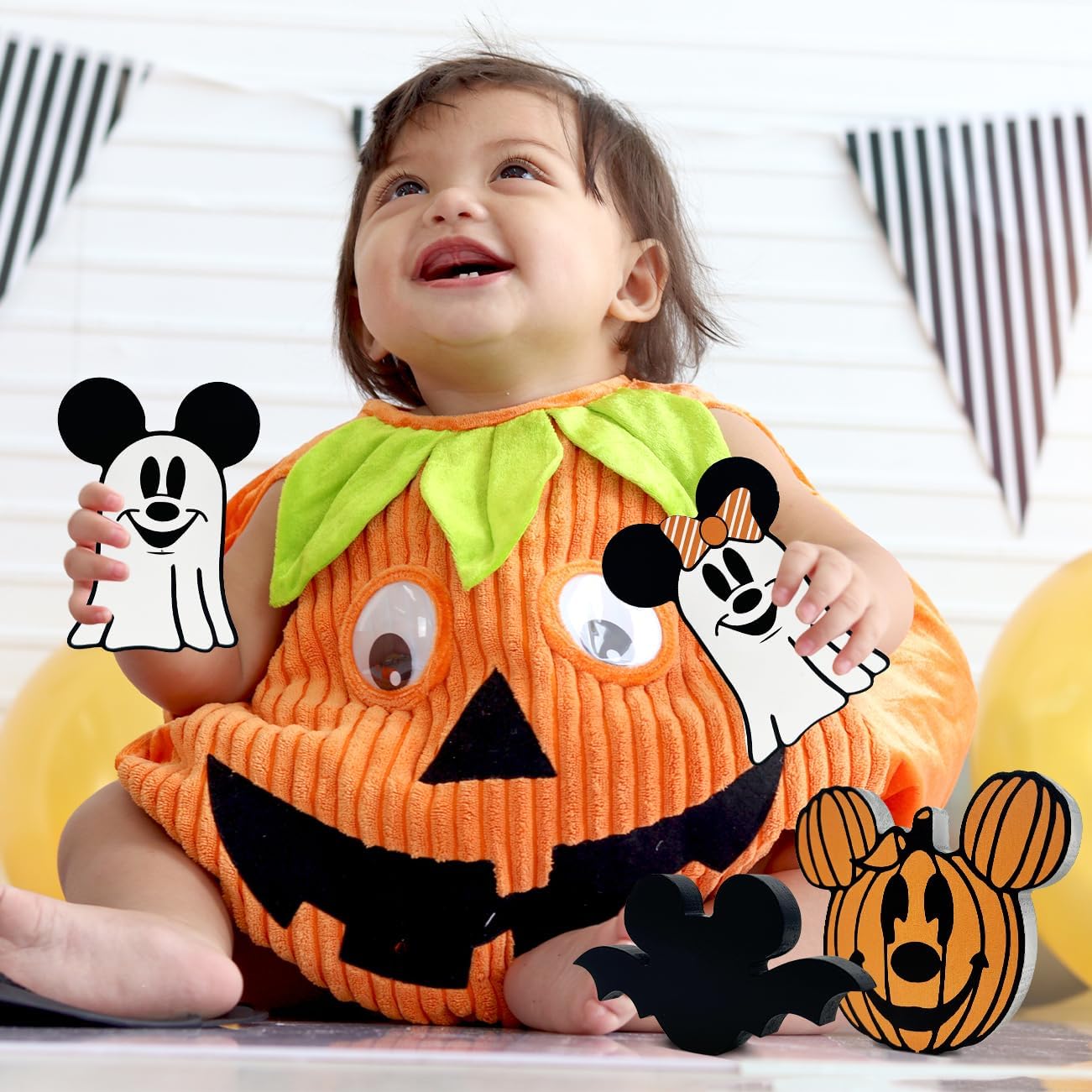 4pcs Ghost Halloween Decorations for Indoors, Cute Mouse Spooky Centerpiece Table Decorations, Wooden Bat Pumpkin Tiered Tray Decor, Wooden Table Decor for Home Halloween Party