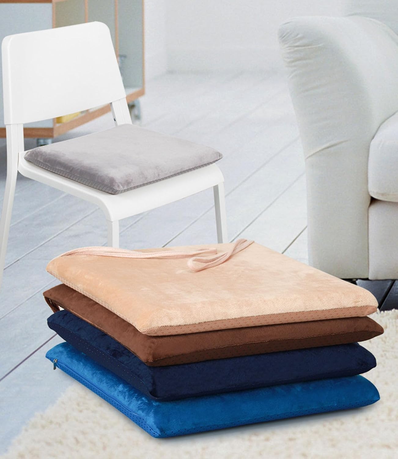 Greenjin Square Memory Foam Chair Seat Cushion 16x16 Inch Square Stool Cushion Anti Slip Chair Pad with Straps Detachable Seat Pad Machine Washable for Kitchen Dining Chairs Office Car Coffee