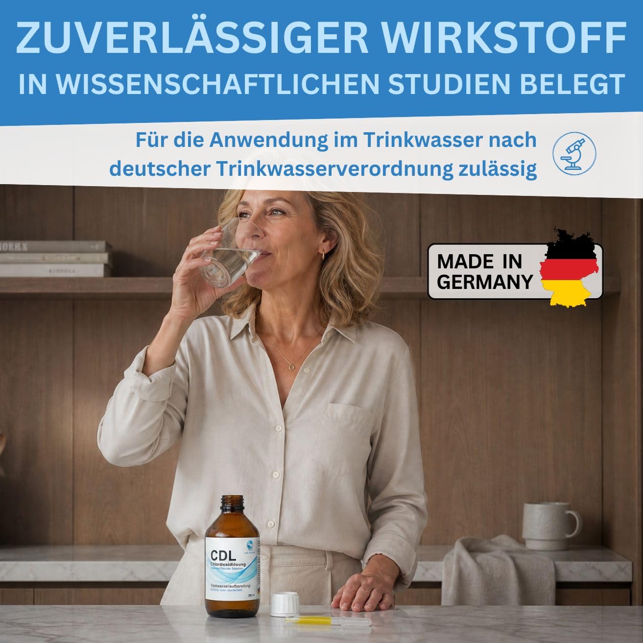 Chlordioxid Lösung 0,3% - CDs - CDL - Trinkwasserdesinfektion - Wasseraufbereitung - Chlorine Dioxide Solution - 250 ml + Anleitung & Pipette