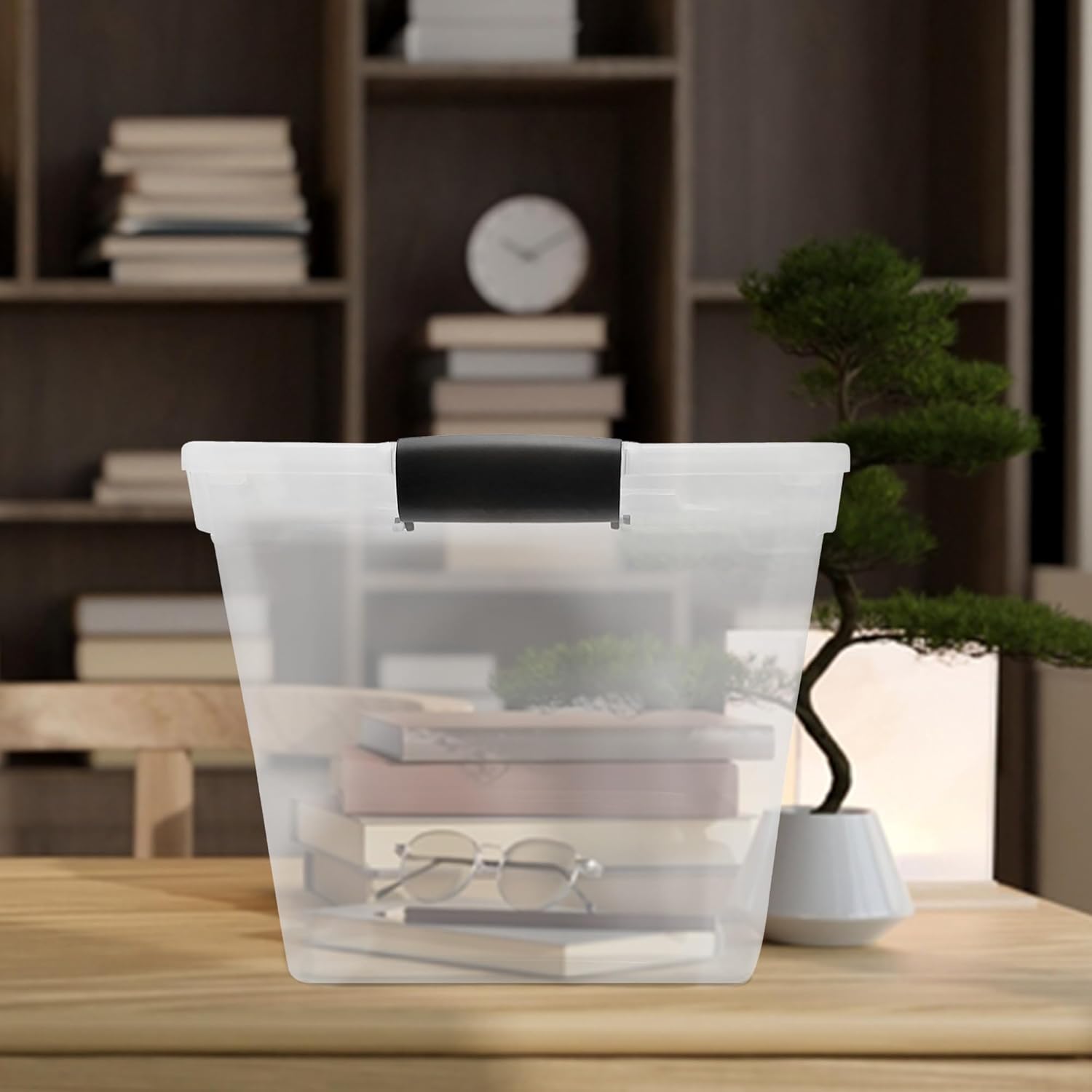 HOMZ 8-Pack Secure Latch, Clear Plastic Storage Organizer Bins, 31 Quart, Gray Latches - Stackable Container Boxes for Bedroom, Bathroom, Garage, and Office Organization