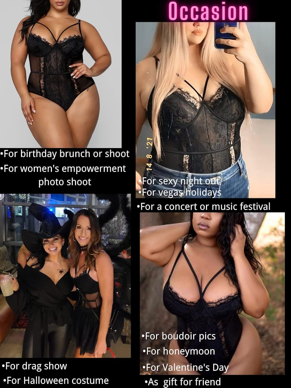 Miniatura 4 de KaeiShi Lencería de talla grande para mujer body sexy de encaje transparente cuello en V pestañas de una pieza floral peluche de San Valentín