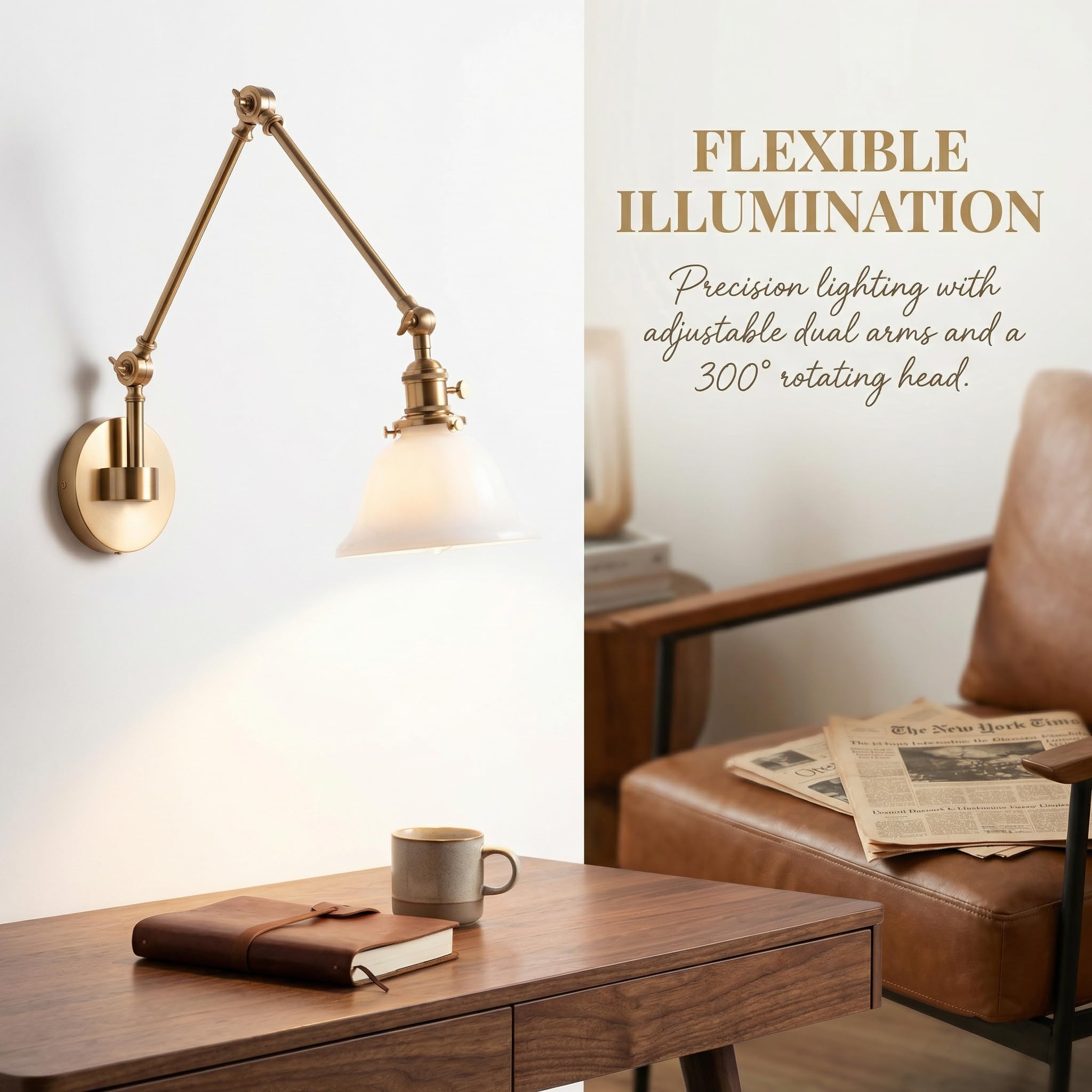 BARCELONA LED Wandlampe mit Gelenkarm in Gold/Kupfer und Weißem Glaslampenschirm, Vintage Industriestil, Retro, Modern und Minimalistisch, Ideal für Schlafzimmer, Wohnzimmer, Esszimmer und Büro
