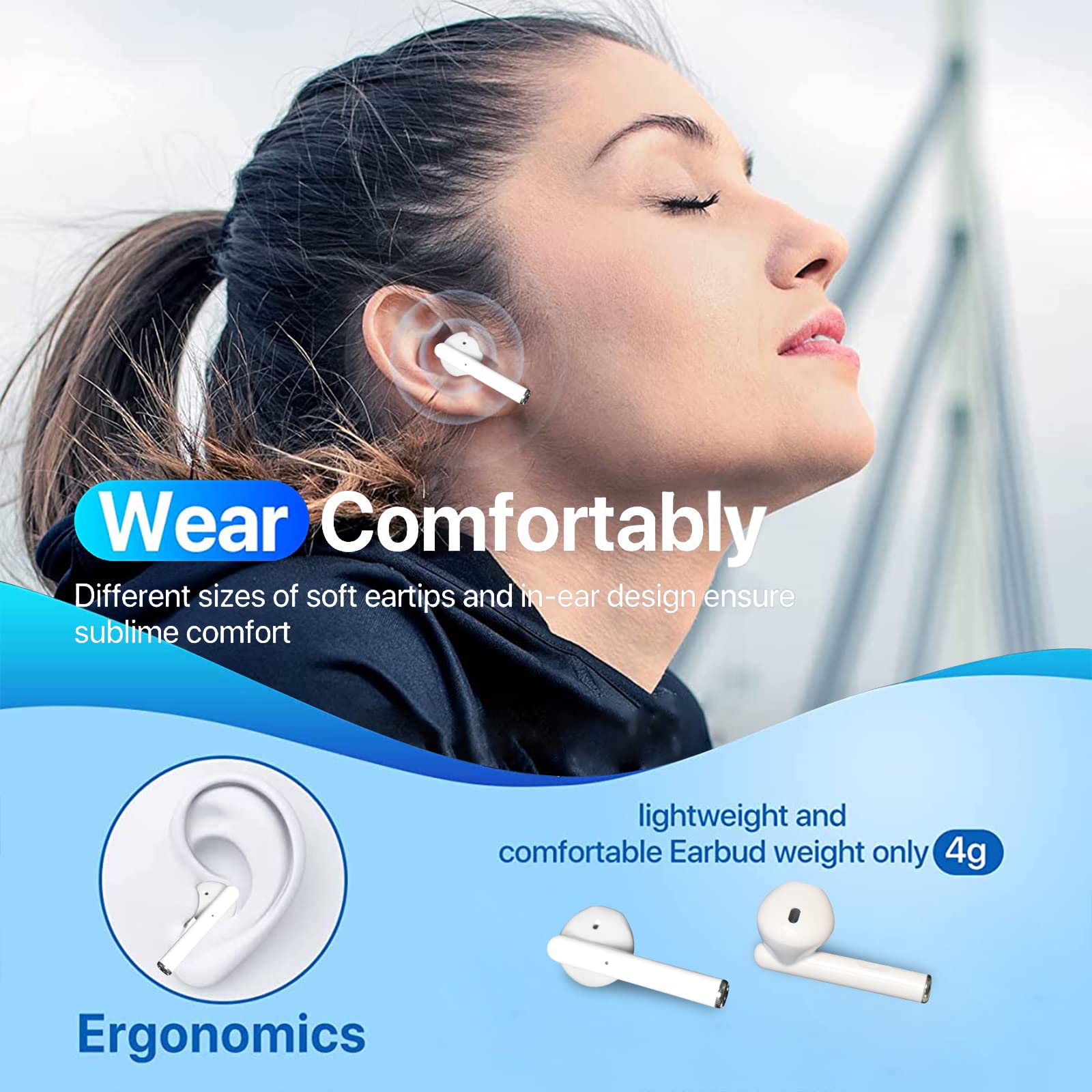 Cuffie Bluetooth, Cuffie Wireless con Microfono, In Ear Auricolari Bluetooth Riduzione del Rumore, IPX7 Impermeabili con HiFi Stereo Cuffiette, 35 Ore di Riproduzione con Controllo Touch, Bianco