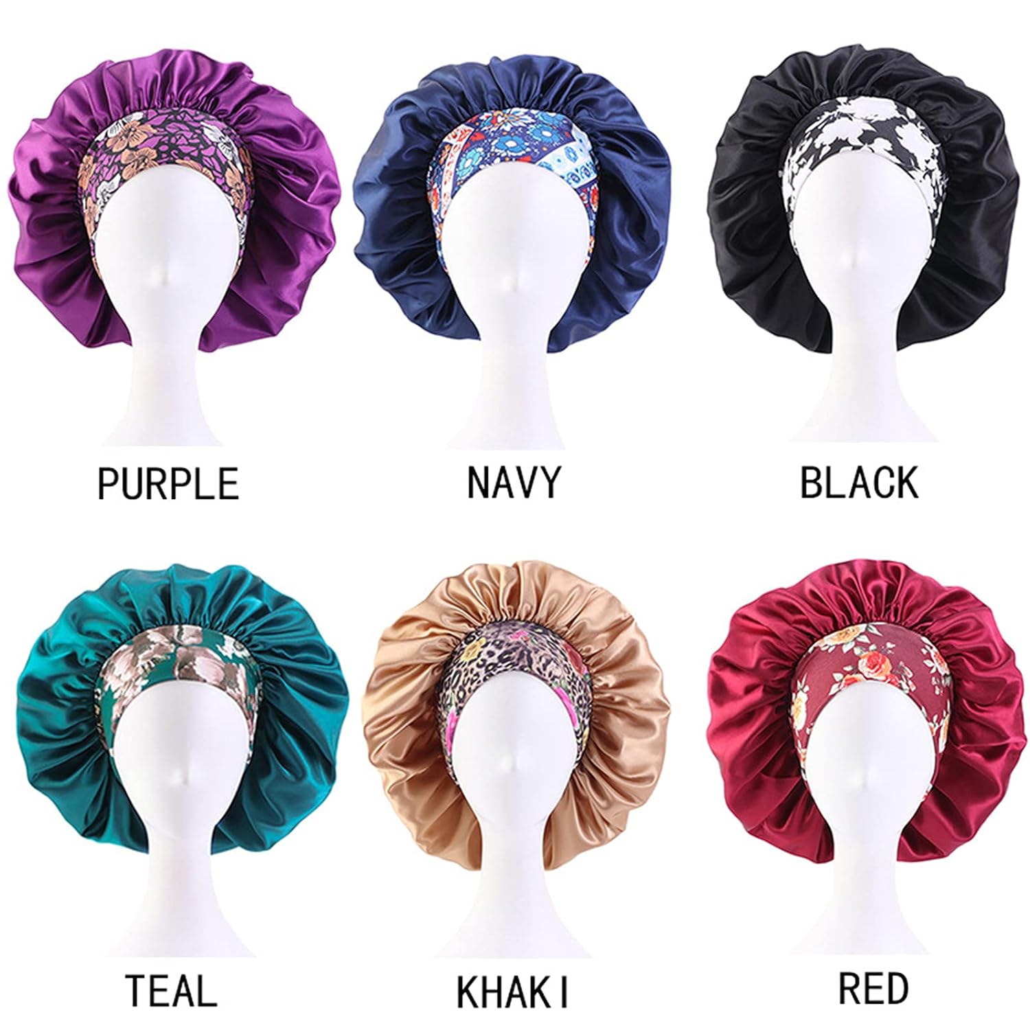 Large Silk Satin Hair Bonnet Sleeping Cap Comfortable Wide Elastic Band Durable Breathable for Women Curly,Braids, Dreadlocks, Long Hair Makeup Skin Care(Purple+Teal)