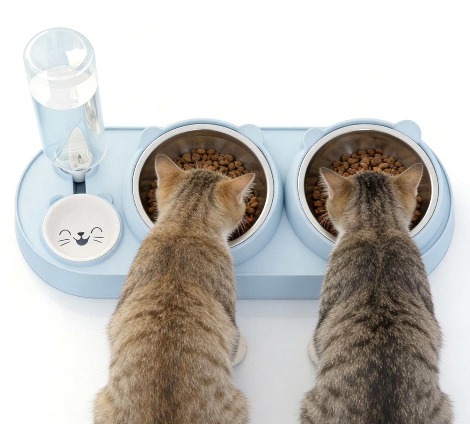 Cat Bowl,PlushPlumage 3 in 1 Cat Food and Water Bowl Set, Tilted Stainless Steel Cat Bowls with Stand, Gravity Water Dispenser, Pet Feeding Station for Cats, Kittens & Small Dogs(Large-Style-A)