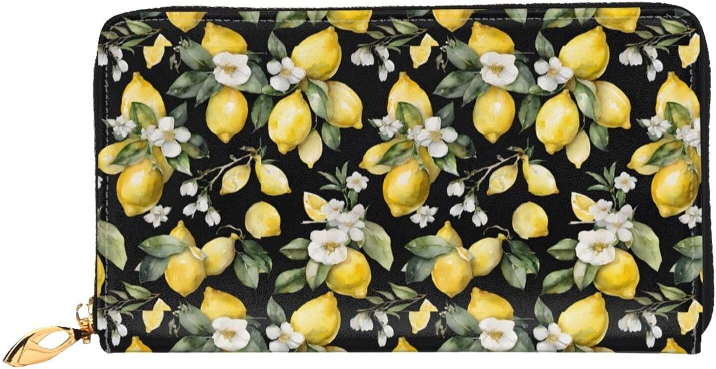 Leather Long Handheld Lemon And Flower Wallet, Classic Men'S And Women'S Card Bag, Casual Id Bag.