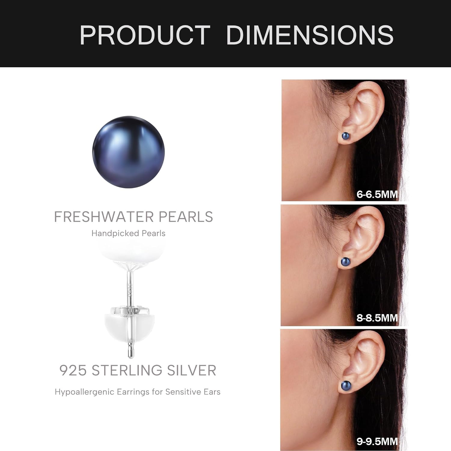 Pearl Earrings Sterling Silver Freshwater White/Black Pearl Stud Earrings for Women Hypoallergenic, Real Pearls 6/8/9mm, Simple Elegant Jewelry Gift for Her,Mother,Bride,Friend - Image 4