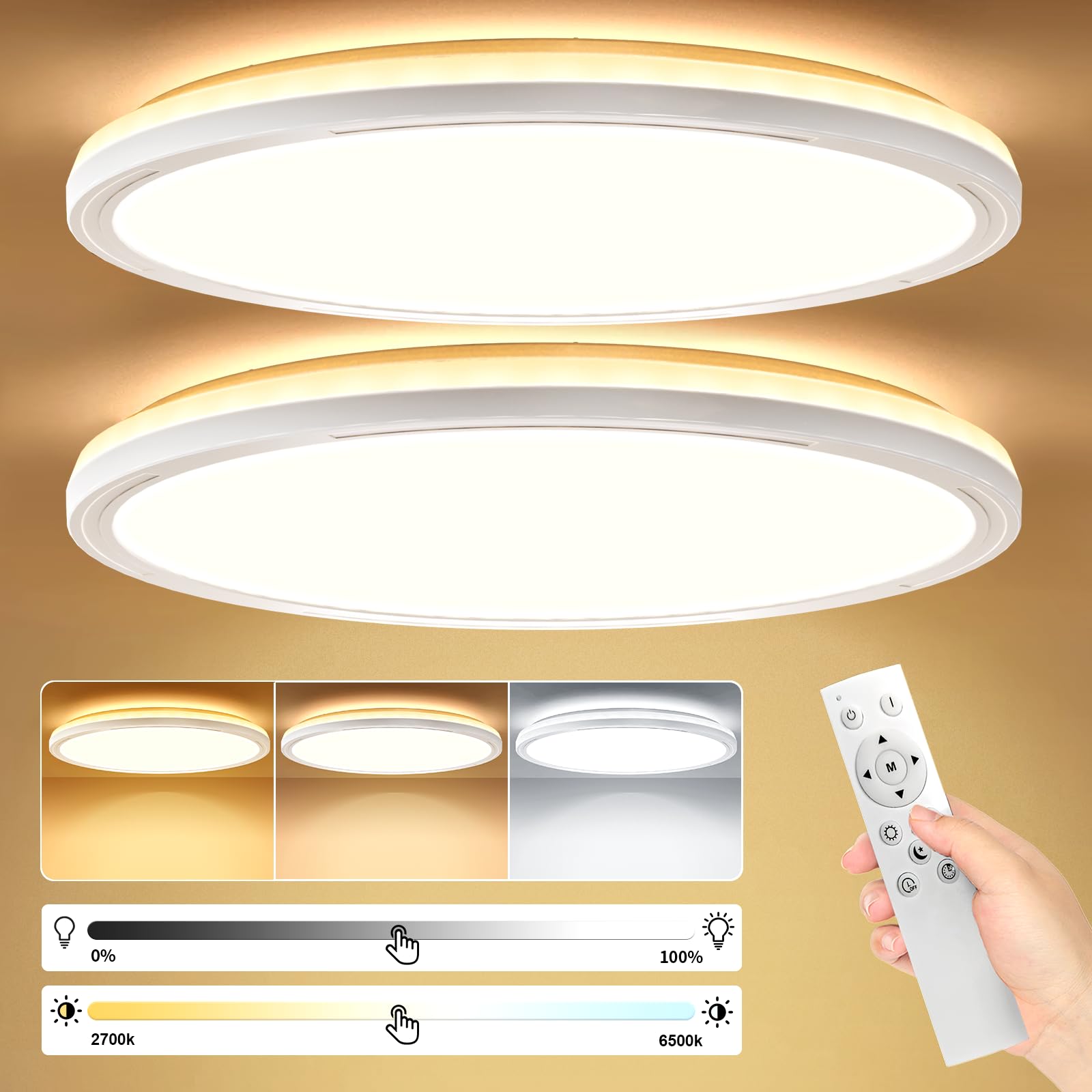 Taipow 24W 2642LM Plafoniera Led Soffitto, Dimmerabile Plafoniere Led a Soffitto con Telecomando Retroilluminazione -2pz