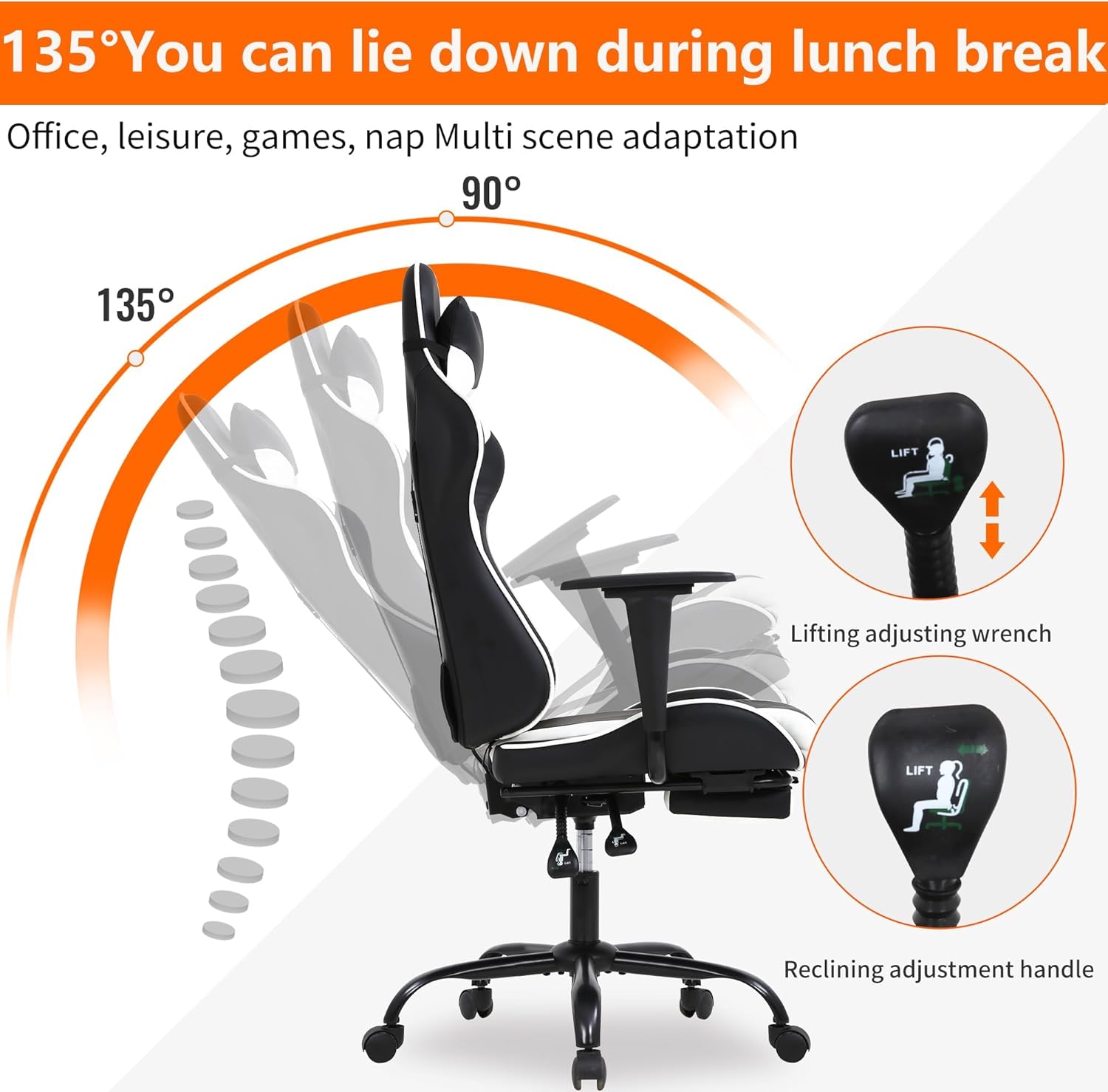 High Back PU Leather Gaming Chair with Headrest & Lumbar Support, Height Adjustable Wide Seat Gamer Chair for Adults, Game Chair with Footrest & Armrest