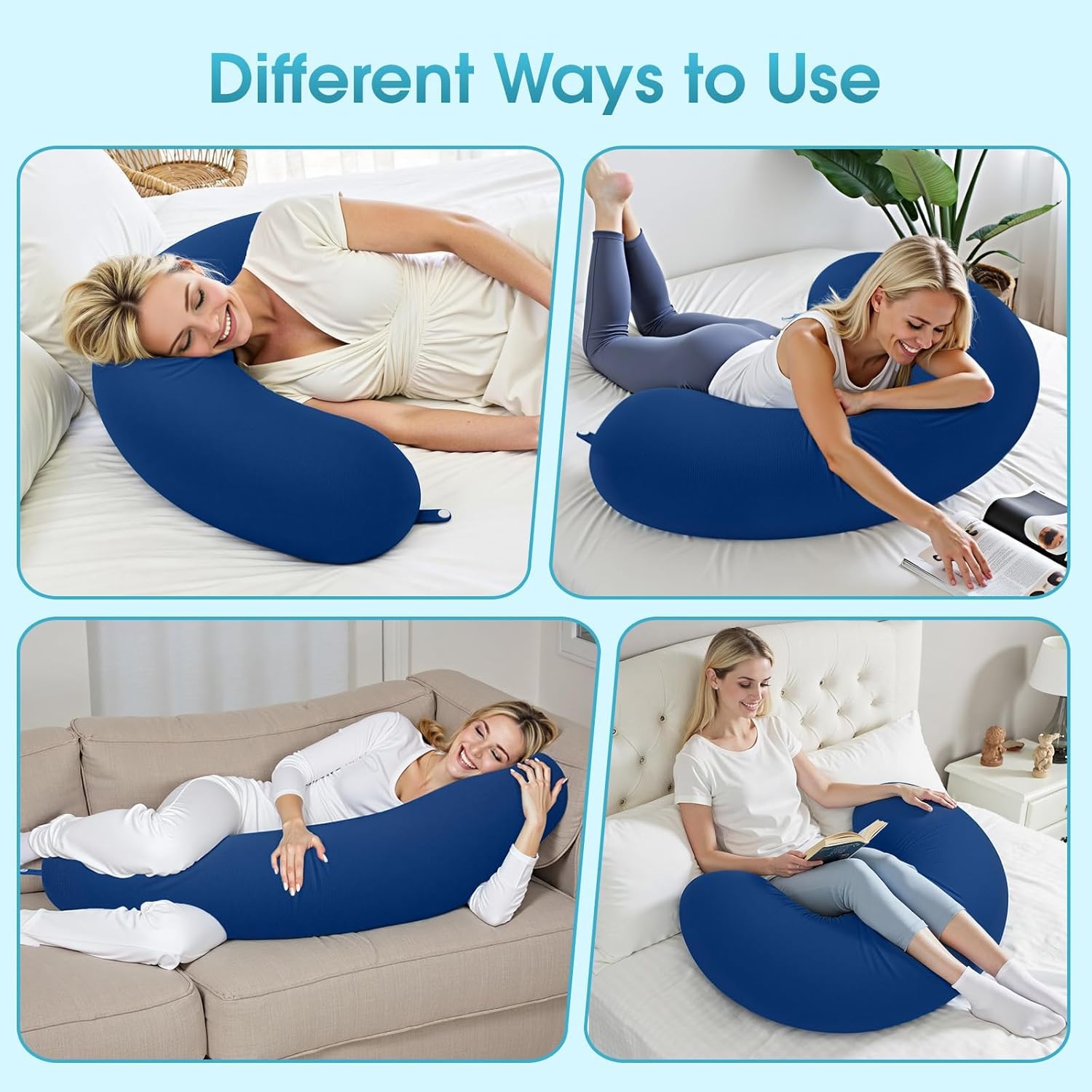 TranquilRelax C Shaped Body Pillow for Side Sleepers, Memory Foam Long Pillow for Leg, Hip & Back Support, Soft Washable Cover,Navy Blue-35"*10"