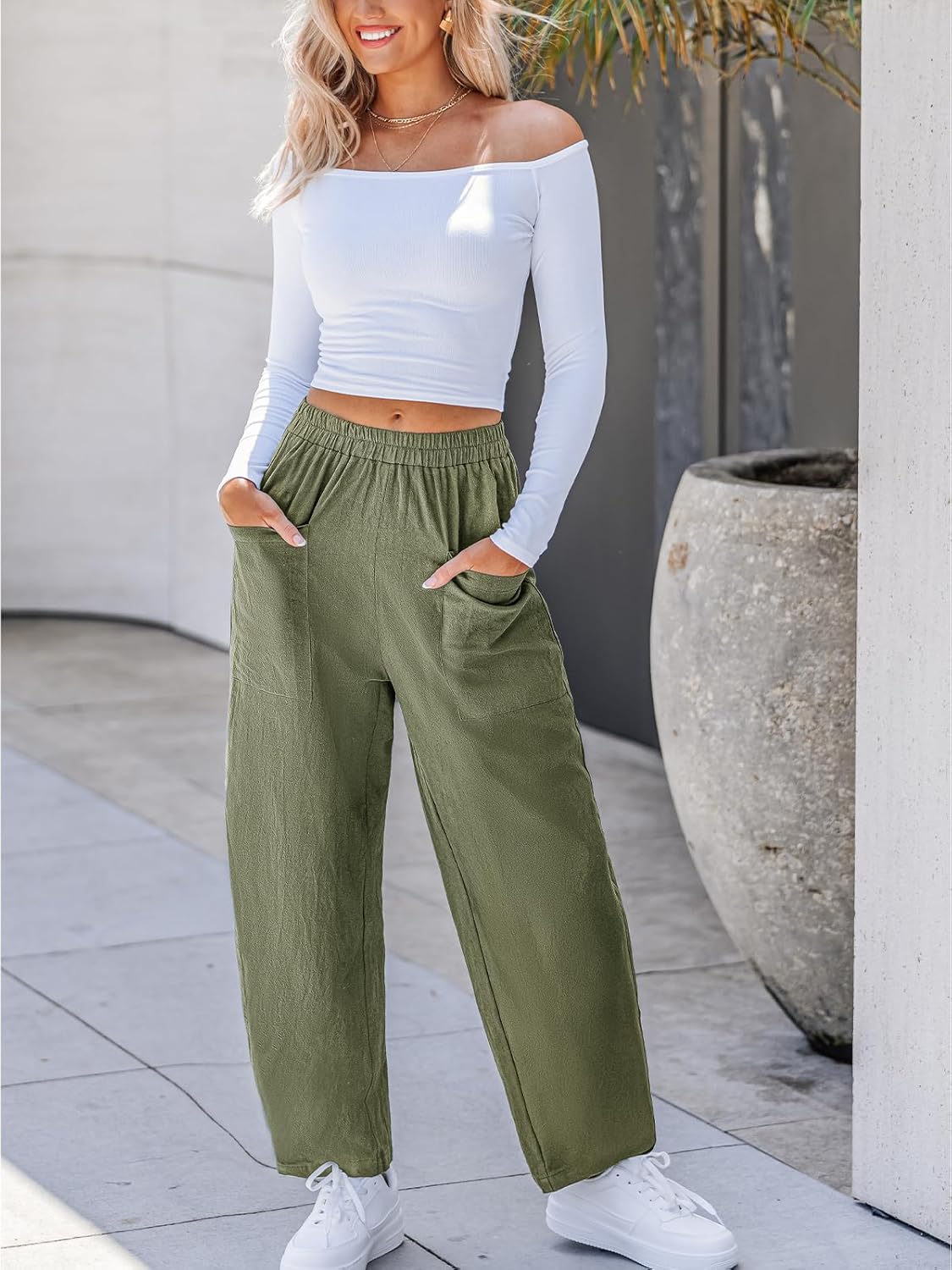 CUPSHE Women Pants High-Waisted Cargo Pant Pockets Leg Cotton Fit Coverup Elastic Work Casual Dressy - Image 2