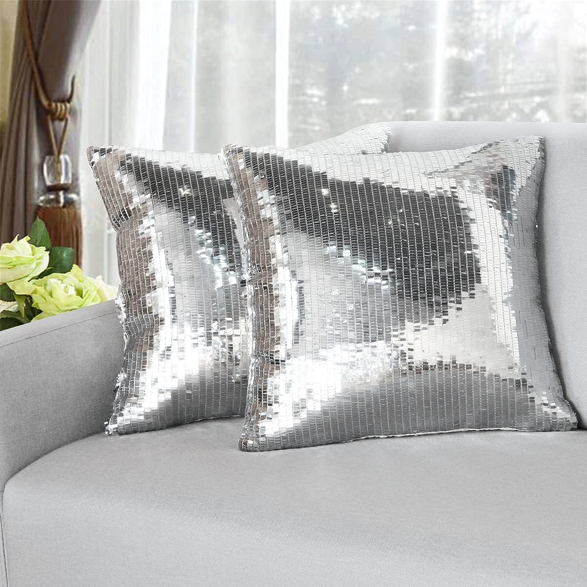cygnus Silver Decorative Sequin Pillow Covers Set of 2 Sparkle Decorative Cover Glitter Accent Pillowcase for Wedding/Christmas 16x16 Inches