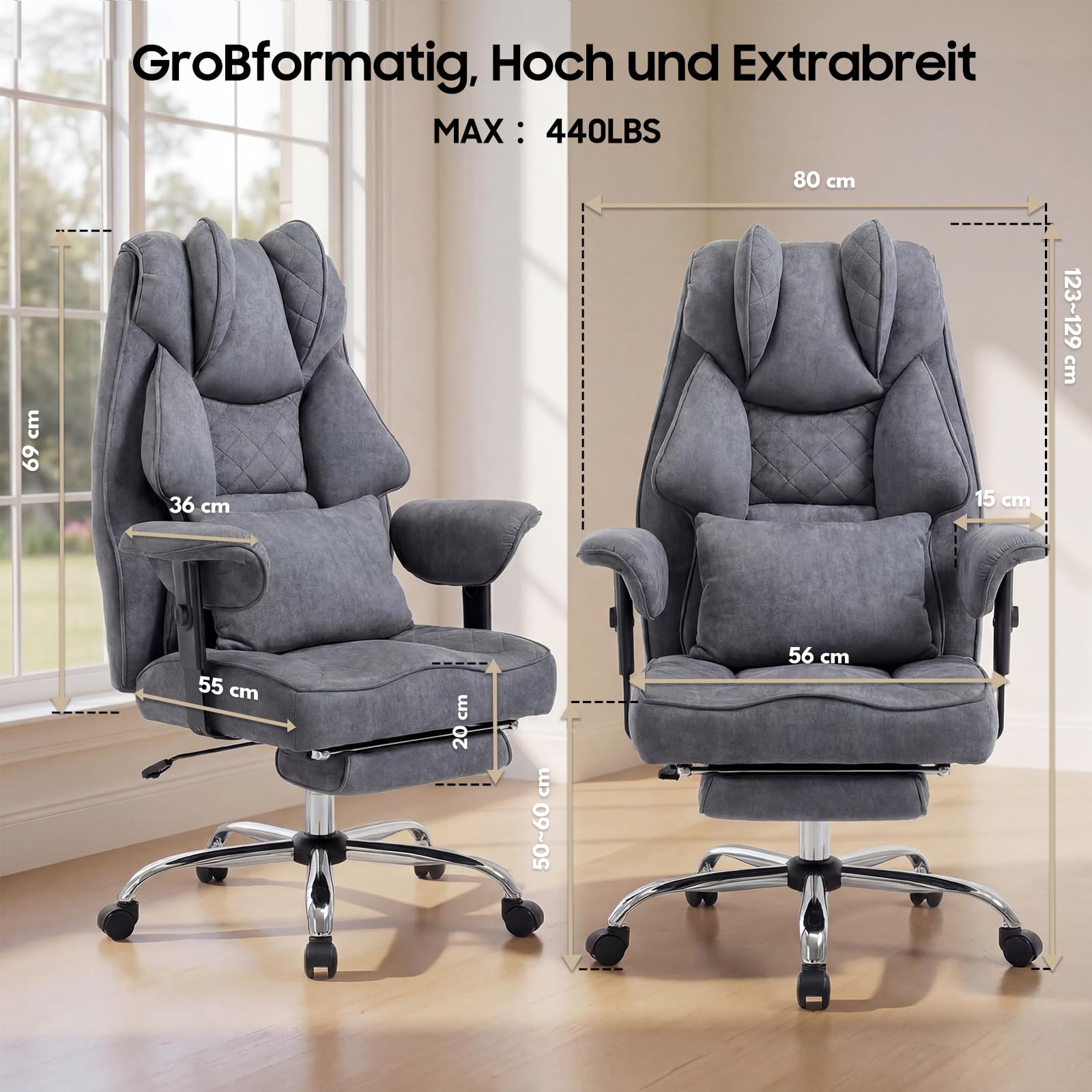 Ergonomischer Bürostuhl 200kg, XXL Chefsessel Fußstütze Homeoffice | XXL Schreibtischstuhl ergonomisch, 90–135° Rückenlehne, W-Form Sitzkissen, Lendenkissen, Wildlederimitat Grau