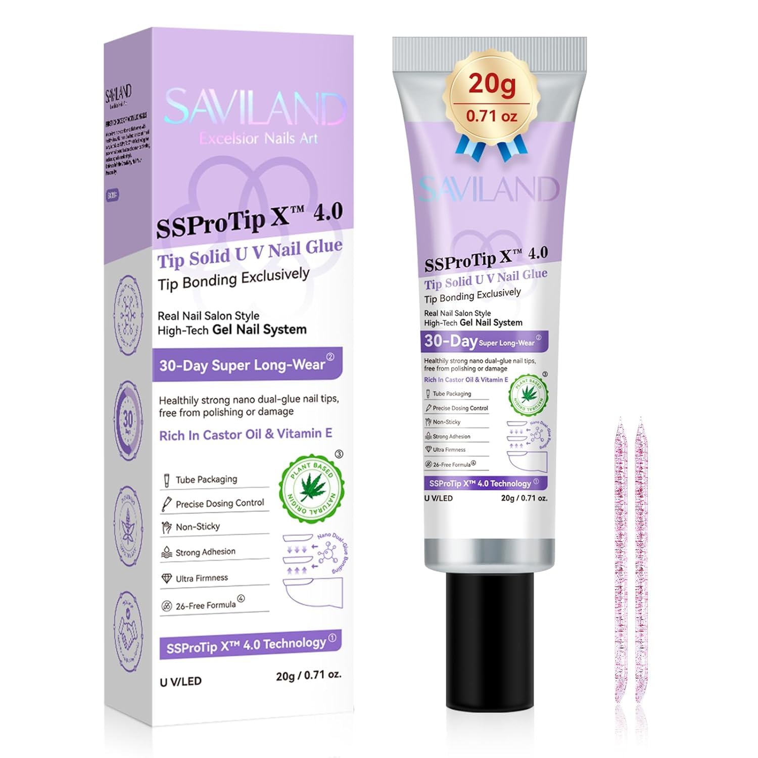 SAVILAND 4-in-1 Nail Glue for Press Ons: 2 pcs Extra Strong UV Nail Glue for Acrylic Nail Tips & Clear Press- Hema Free Long Lasting 30 Days Formula for Beginner Friendly DIY for Home Salon 15ml