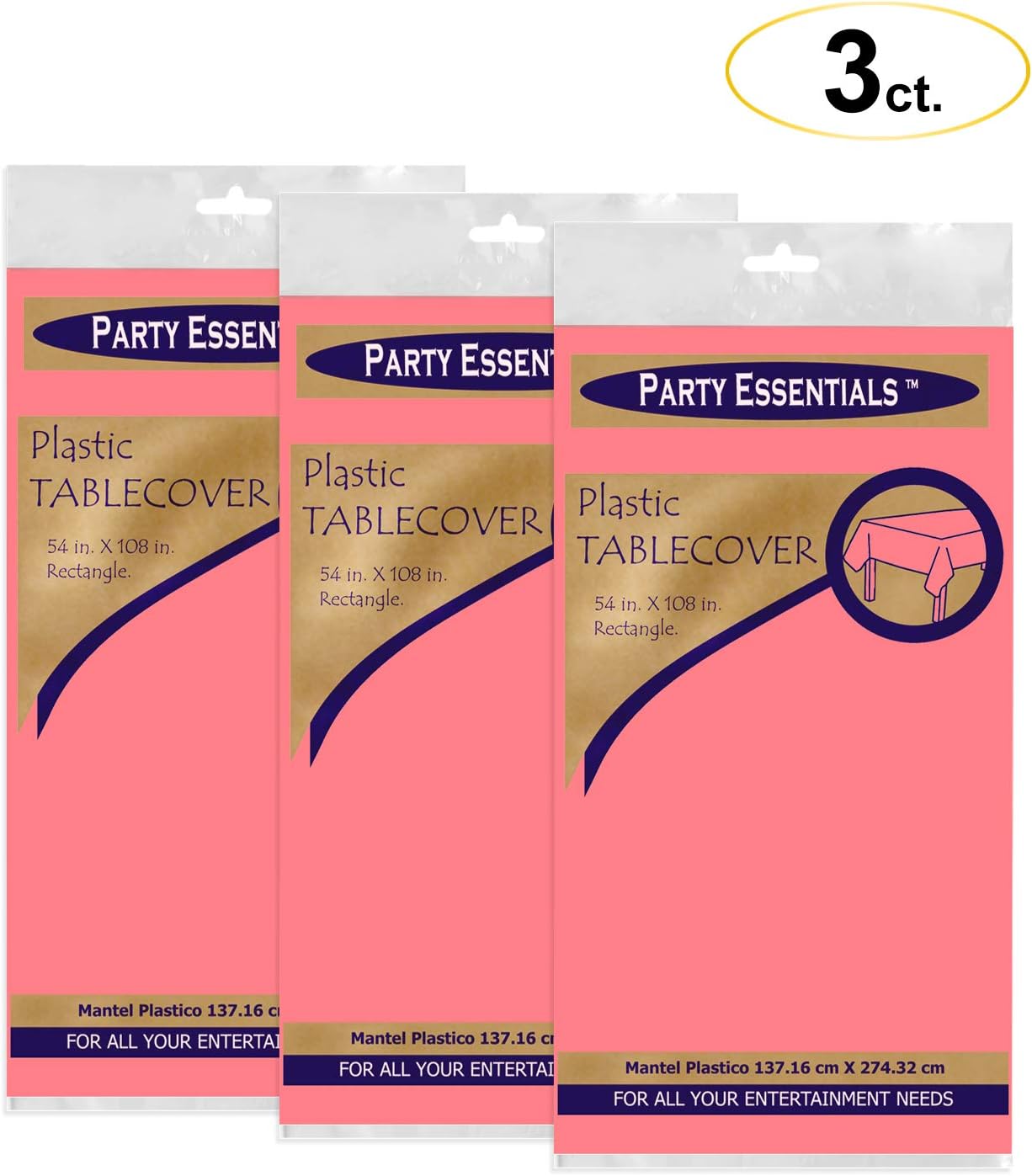 Party Essentials 54108PK-3 Heavy Duty Rectangle Plastic Table Cover Available in 24 Colors, 54 x 108", Pink, 3-Count image 2