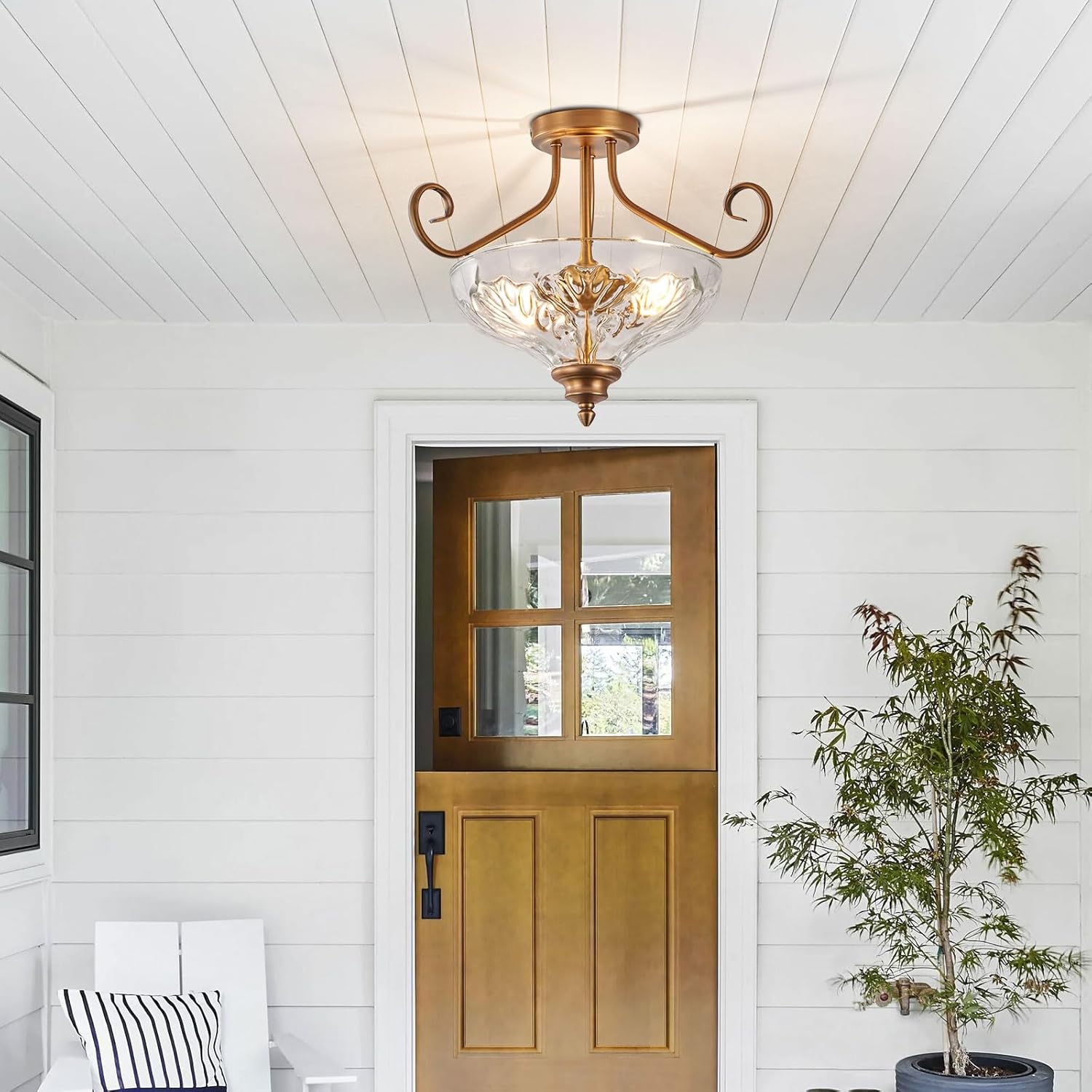 Semi Flush Mount Ceiling Light, French Country 2-Bulb Globe Glass Close to Ceiling Light, Indoor Hanging Light for Bedroom Kitchen Porch Hallway,Bulbs Not Included