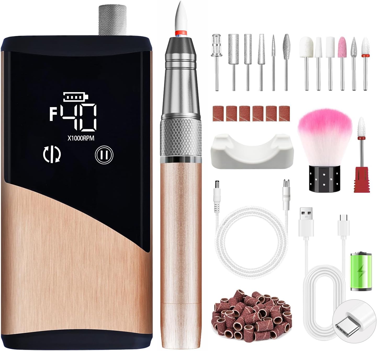 Professional Brushless Motor Electric Nail Drill 40000 RPM, Cordless E-File Machine with 24H Battery & HD Touch Screen, 13-in-1 Kit for BIAB, Acrylic & Gel, Brushed Rose Gold (M95-1)