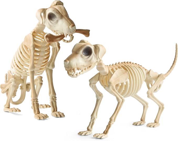 Halloween Skeleton Dogs 2 Pack with Bone, Large Dog Skeletons for Halloween Decorations, Sitting & Standing Skeleton Dog, Spooky Indoor Outdoor Yard Porch Graveyard Decor