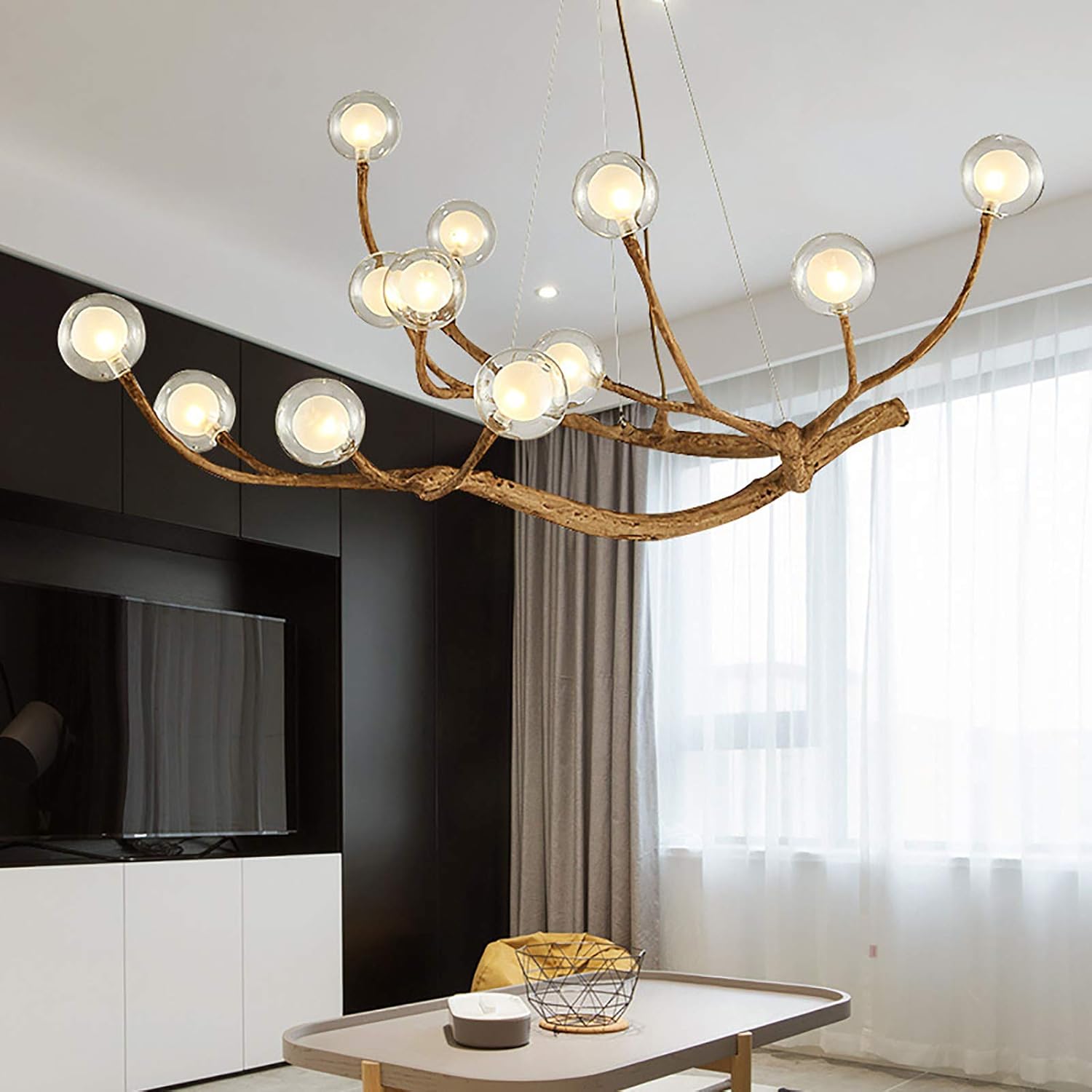 Modern Glass Globe Chandelier, 12 Lights Retro Wood Branch Tree Branch Light Ceiling Lamp Fixture High Ceiling Chandelier, Adjustable Hanging Lamp Farmhouse Chandeliers for Kitchen