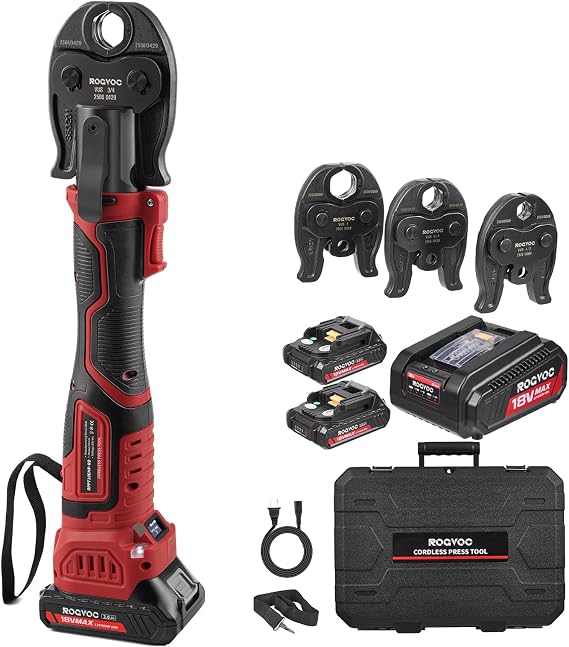 ProPress Tool for Copper Pipe, 18V Brushless Electric Crimping Tool Kit for 1/2, 3/4, 1 Inch Pro Press Fittings with 3 Press Jaws, 2-Pack 2Ah Batteries, Fast Charger, Carrying Case