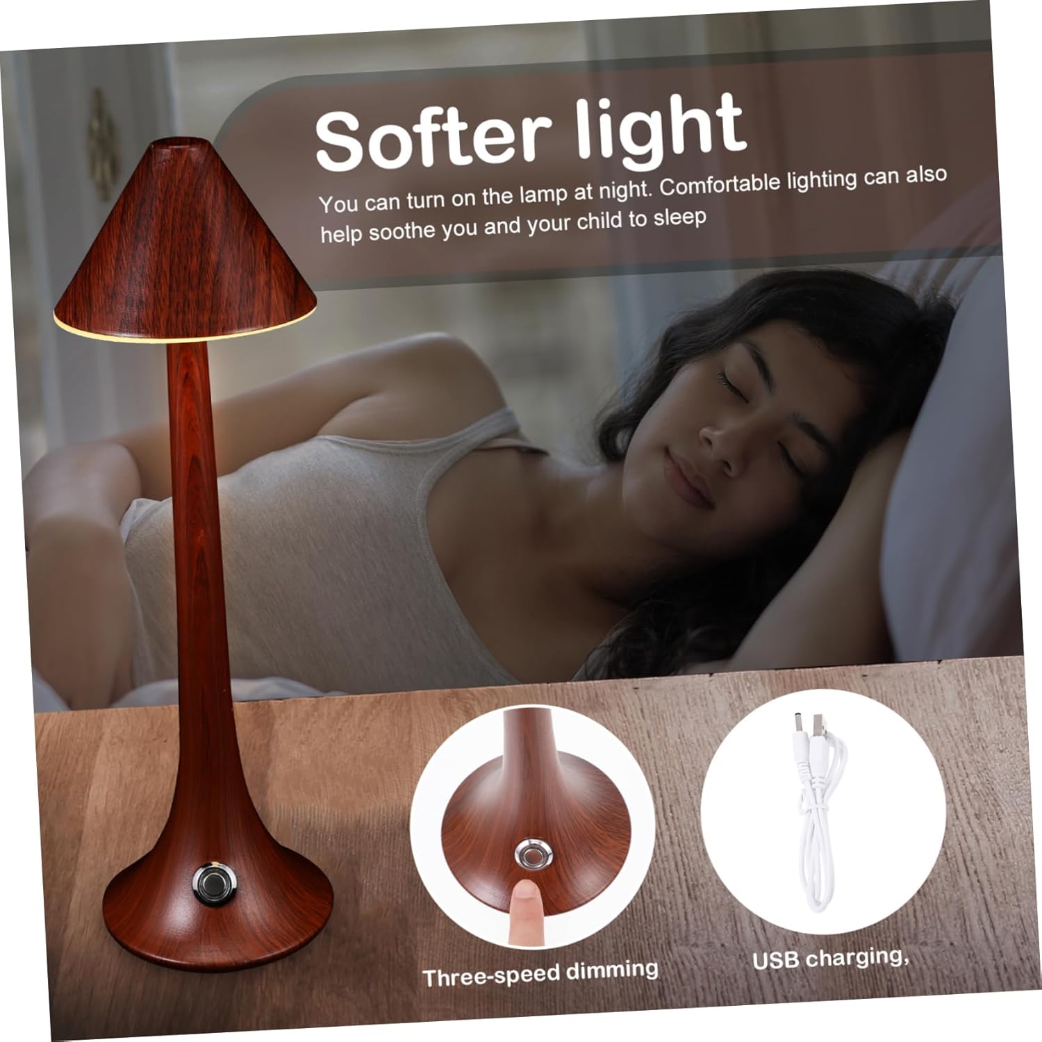 balacoo Wood Texture USB Bedside Lamp Warm White Eye Protection Reading Light for Bedroom Study Table with Acrylic and Design