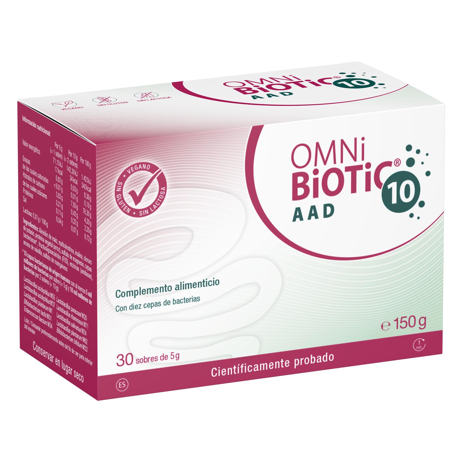 OMNi BiOTiC 10 AAD | 30 sobres (150 g) | Probiótico | 10 cepas bacterianas | 10 mil millones de bacterias por dosis diaria | Polvo | Con inulina | Vegano | Sin gluten | Sin lactosa | Para uso diario