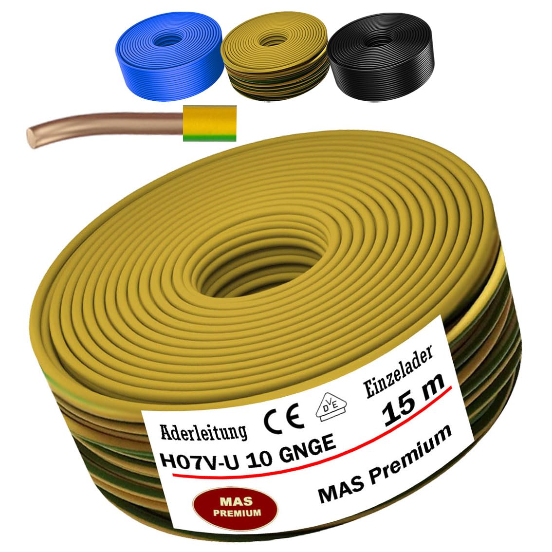 MAS Premium Câble conducteur monofil - 5 à 100 m - H07 V-U 4 6 10 16 - Fil simple rigide (H07 V-U 10 GNGE, 15 m)