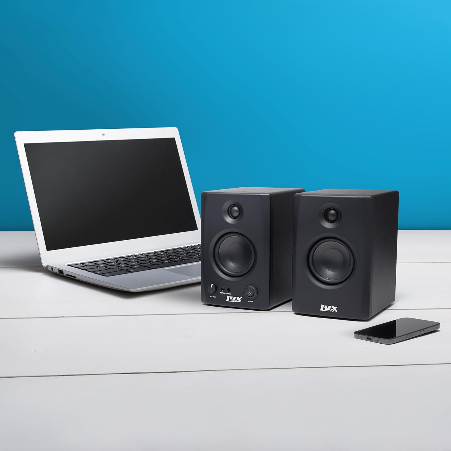 LyxPro 3.5” 50 Watts Bluetooth Studio Monitors | Hi-Fi Audio, Powered Speakers for Near Field Music Production | ¼” TRS, RCA, 3.5mm, & Bluetooth Inputs | Headphone & Passive Speaker Output | Black
