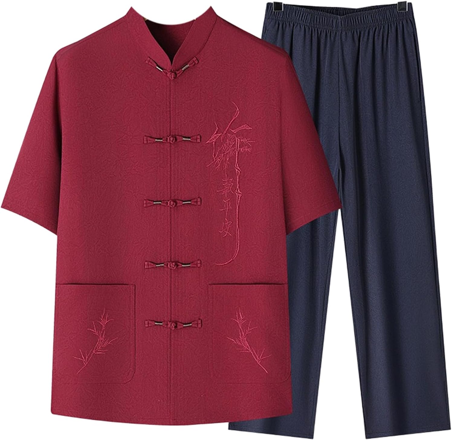 Men's Chinese Style Ice Silk Tang Suit Set Embroidered Mandarin Collar Short Sleeve Pants Loose 2 Piece