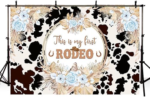 Miniatura 4 de Telón de fondo de primer cumpleaños de 7 x 5 pies para primer cumpleaños de vaquero occidental Wild One Bday, estampado de vaca sagrada, color azul,