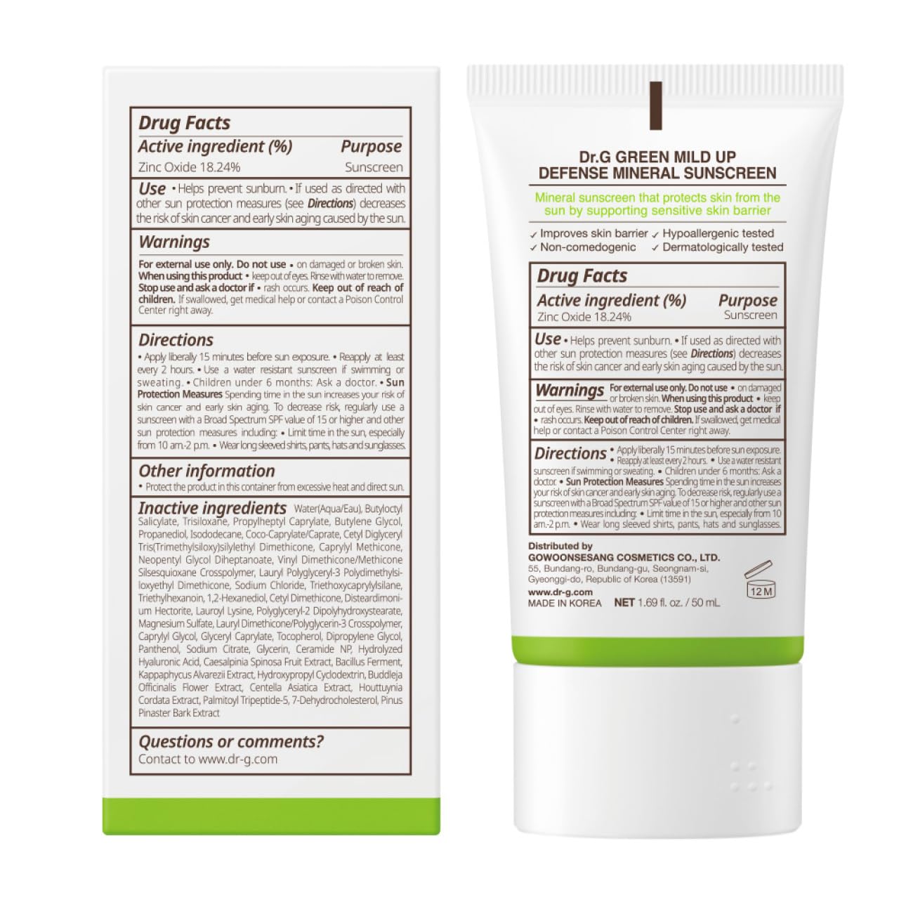 Dr. G Green Mild Up Defense Mineral Sunscreen - SPF 50 Broad Spectrum Korean Sunscreen - Lightweight & Reef-Safe Mineral Formula - For Sensitive Skin - Non-Greasy - With Centella Asiatica - 1.69 fl oz - Image 9