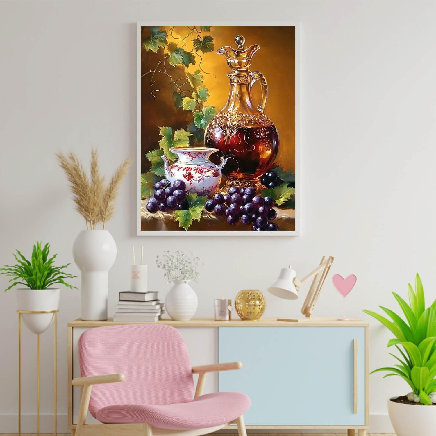 Grapes on the Vine Paint by Numbers Kits for Adults Beginners Beautiful Wine Glasses DIY Painting by Number on Canvas Pretty Pattern Painting with Brushes Acrylic Paints 16x20 Inch（With Frame）