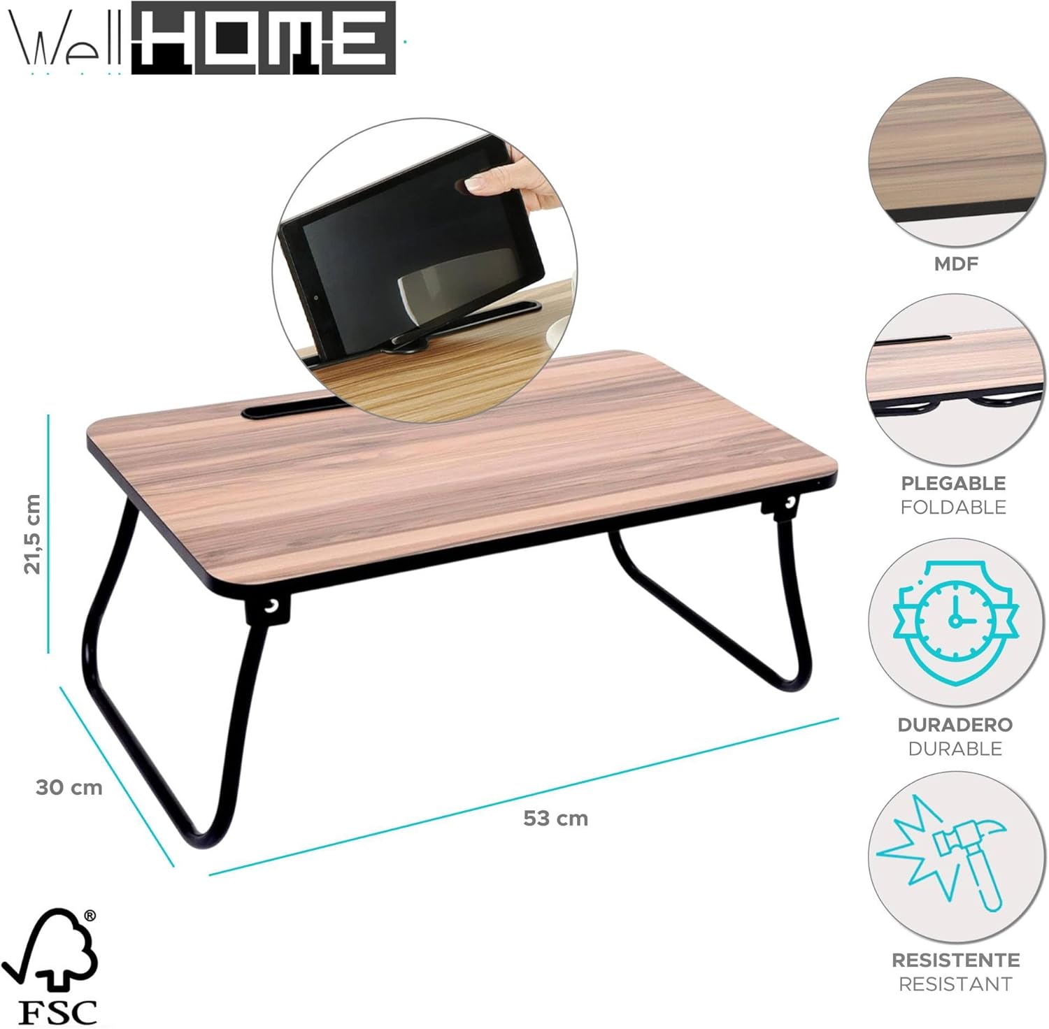 Well Home Portable Bed Tray MDF Melamine 53 x 30.5 x 5 cm