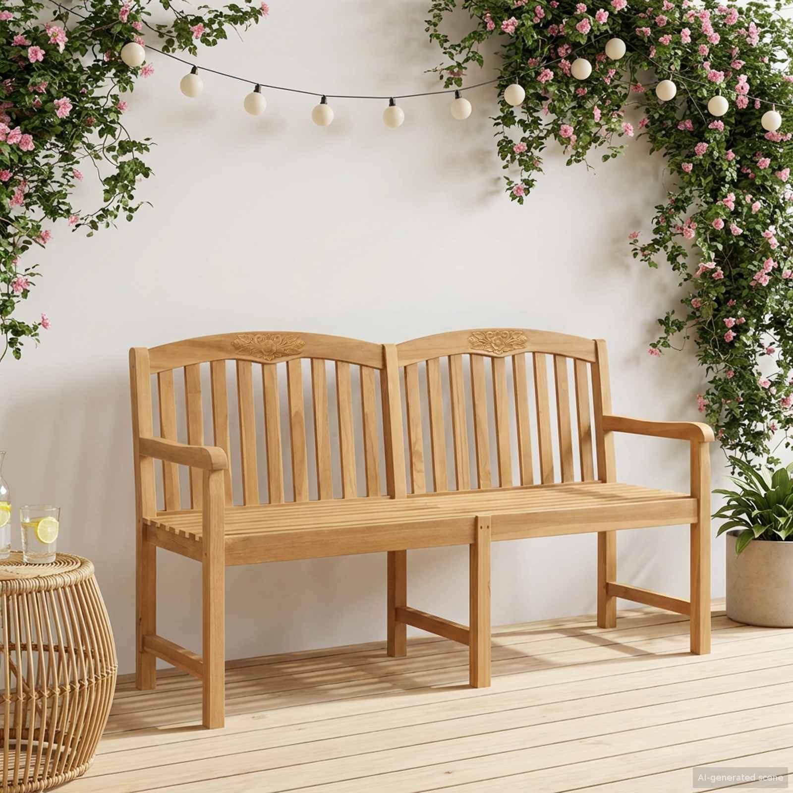 Banc en teck massif 179 cm : grand banc de jardin en bois avec dos à lattes