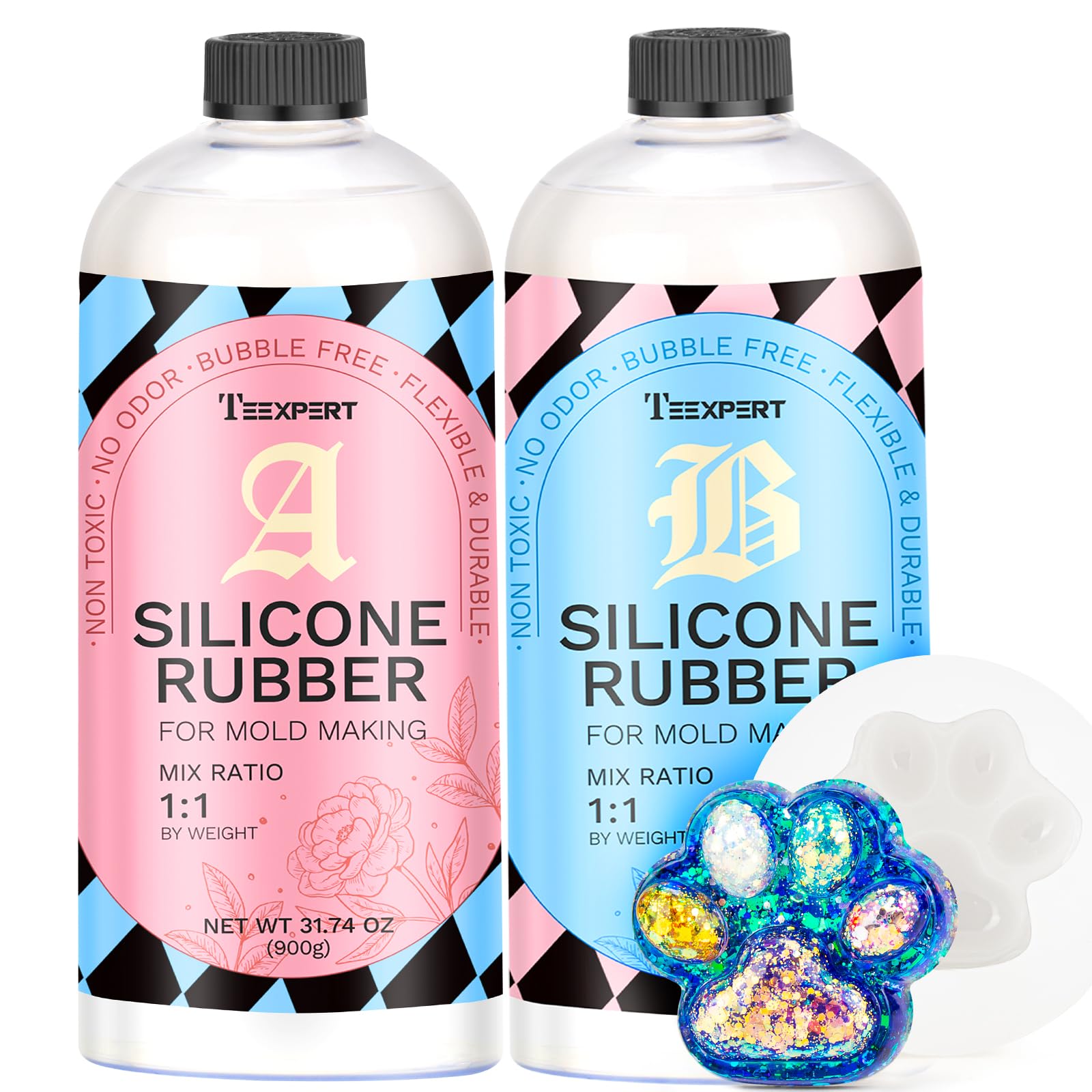 Teexpert Silicone Mold Making Kit, 63.48OZ/3.96lb Translucent Liquid Silicone Rubber Mix 10A for Mold Making Fast Cure Super Elastic Ideal for Casting Resin, Candle, Soap Molds