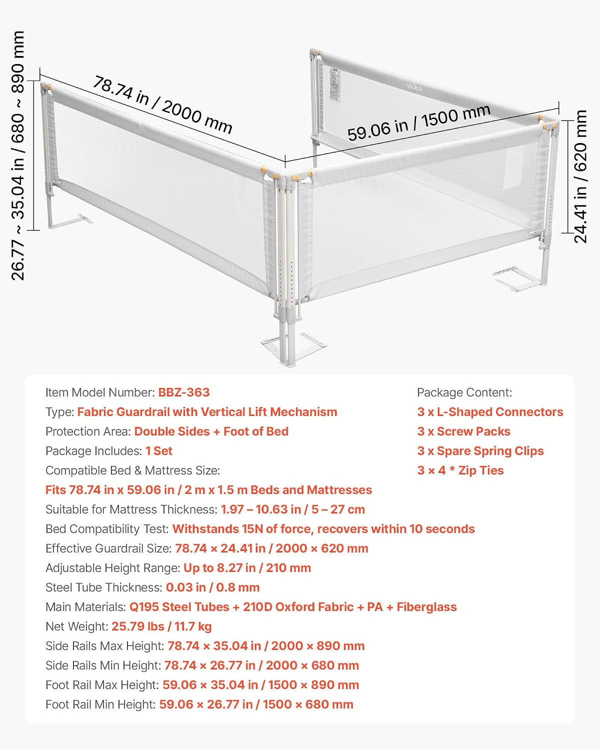 VEVOR 3 Piece Toddler Bed Rail, Kids Beds Guard Rail with Reinforced Iron Pipe and Oxford Cloth, Adjustable Height Bed Side Railing, Portable Guard Bumper Barrier for Queen Size, 3 Sides, Grey