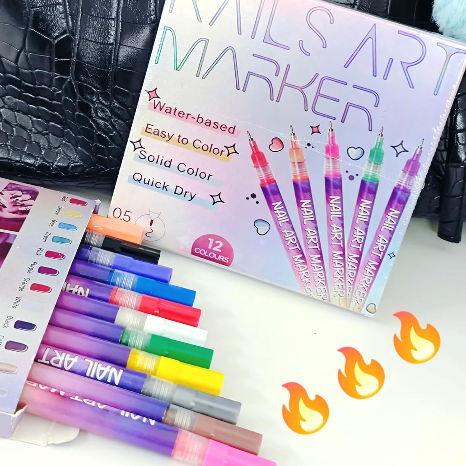 12 Colors Nail Art Pens Set, Colourful Nail Art Polish Pen Drawing Painting Liner Brush DIY Nail Art Marker Pull Lines on Nail Tips Manicure Tools Easy to Use