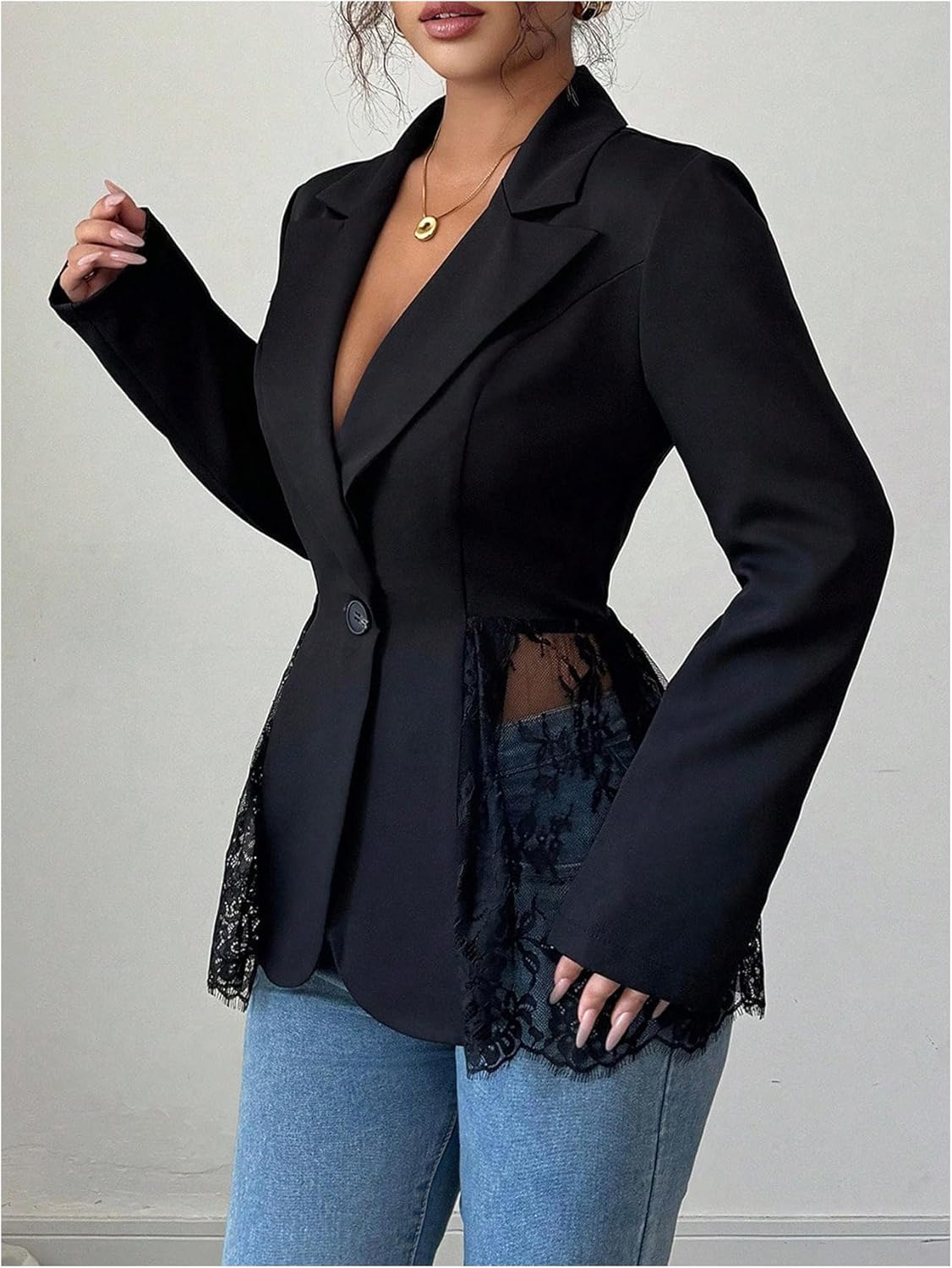 SOLY HUX Women's Lace Deep V Neck Button Down Blazers Work Office Suit Jacket Business Casual Outfit