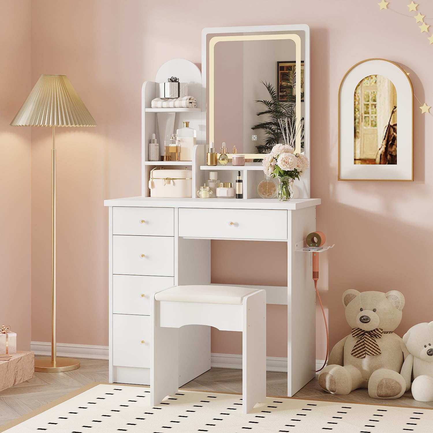 Timechee Make up Vanity Desk with Sliding Mirror and Lights,Vanity Set with Chair,Sockets,Storage Drawers,Shelves & Cushion Stool,Makeup Dressing Table with Large Lighted Mirror for Bedroom, White