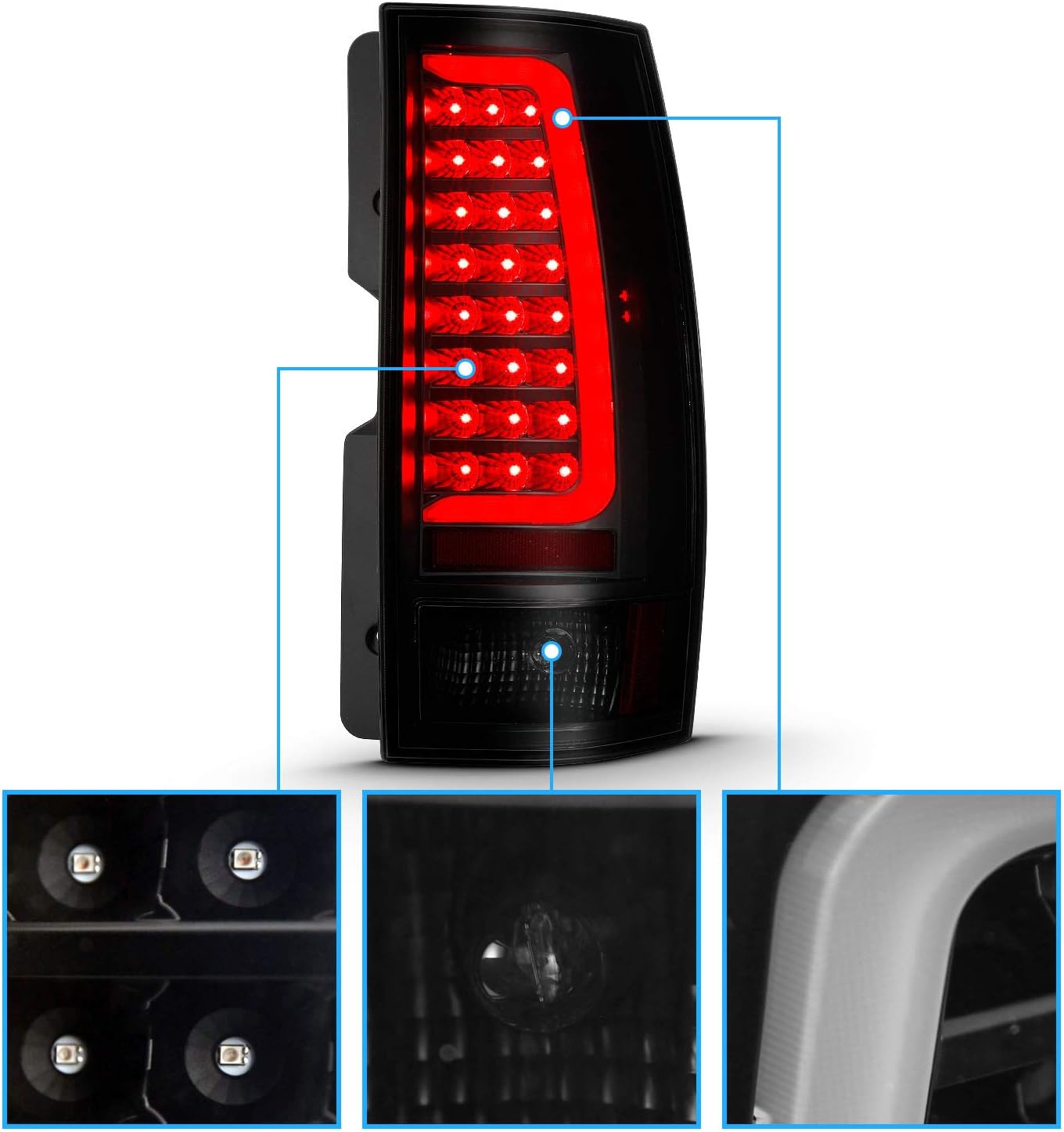 AmeriLite for 2007-2014 Chevy Tahoe Suburban/GMC Yukon XL Denali Replacement Crystal Red C-Type LED Tube Tail Lights Set - Passenger and Driver Side