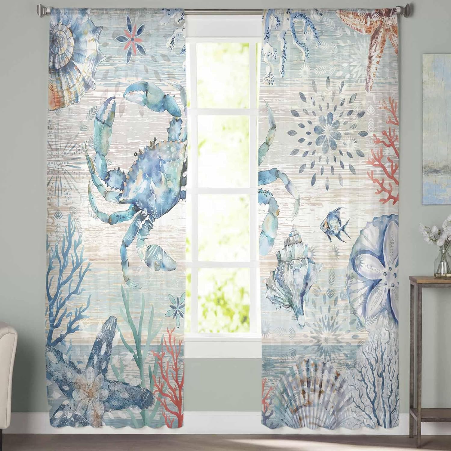 Summer Beach Crab Sheer Curtains 63 Inches Length 2 Panels Set Chiffon Curtain Sheers for Living Room, Coastal Coral Ocean Wooden Rod Pocket Window Drapes Sheer Privacy Curtains Panels