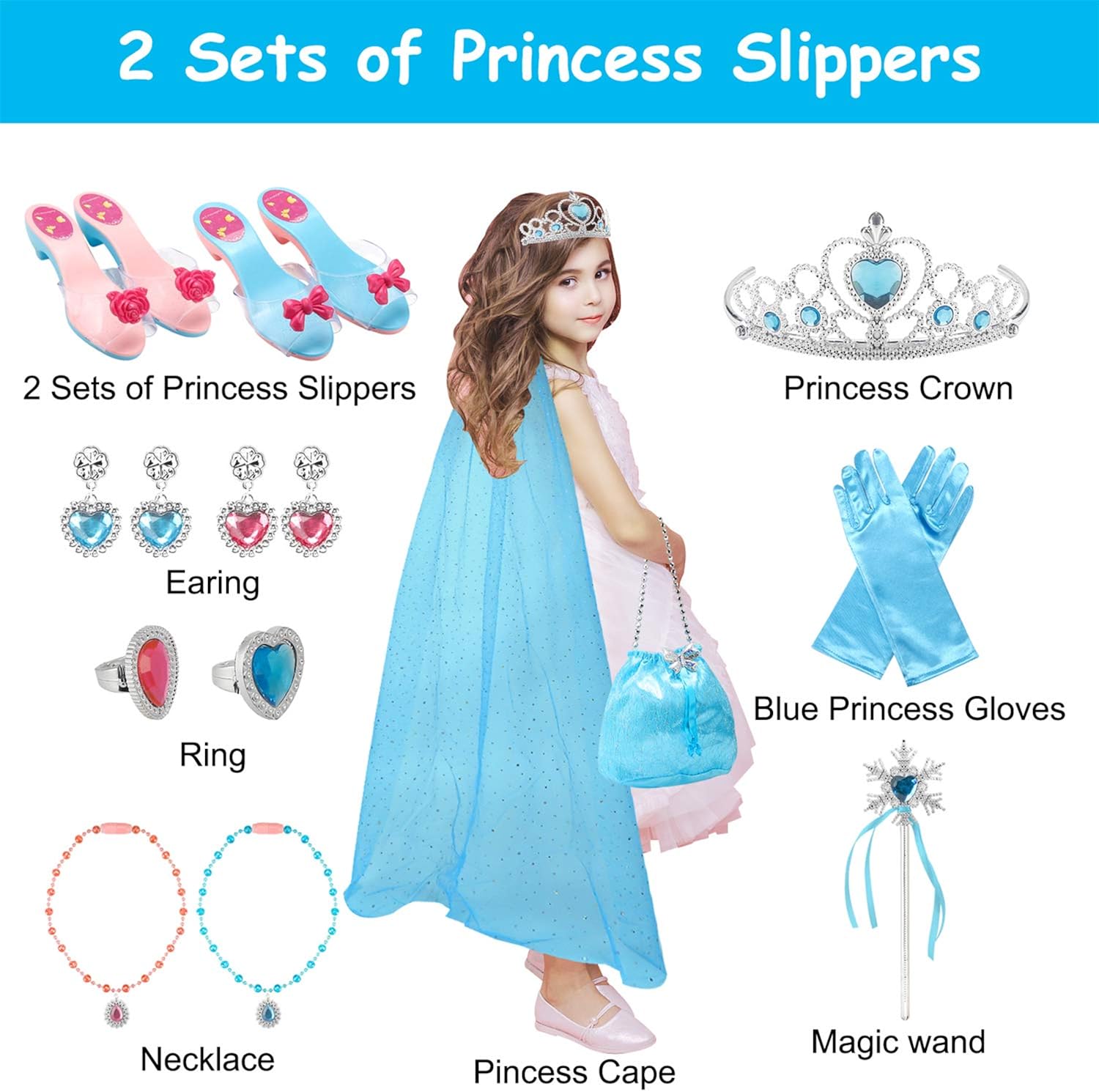Princess Dress Up, TERTOY Girls Toys Pretend Role Play Set - Princess Toys with Heel Shoes, Purse, Cloak, Crowns Tiaras, Gloves & Jewelry, Princess Accessories for Aged 3 4 5 6 7 8 Birthday Party Gift : Toys & Games